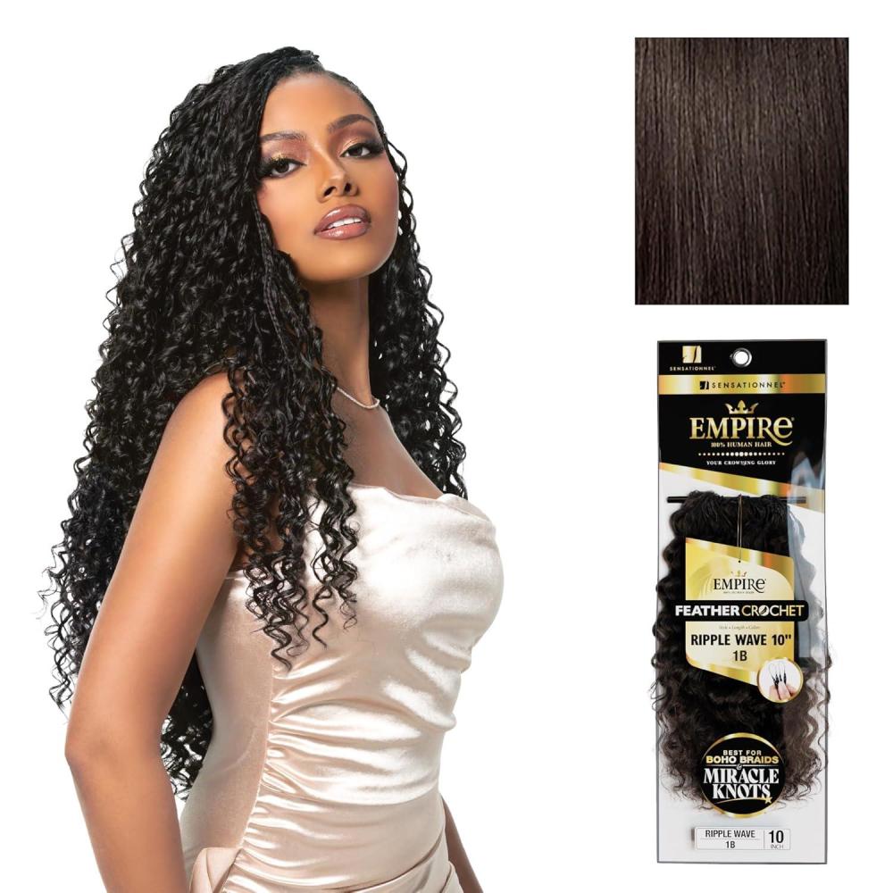 imageSensationnel Empire Feather Crochet Braiding Hair  Ripple Wave Human Hair for Boho Braids and Miracle Knots Pre Separated 50 strands 10 inch 1 JETBLACK2 DARKBROWN