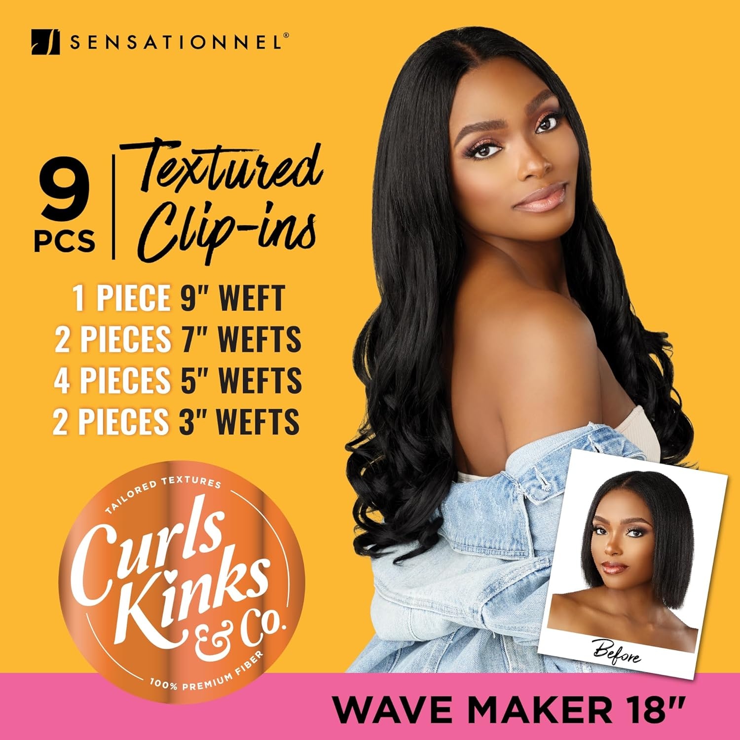 imageSensationnel Curls Kinksandco Clip in Wave Maker 18 Inch Hairextensions Synthetic 9 Piece Pack Easy to Use Clips for Natural 3C to 4C hair 1 JETBLACKTH2BG
