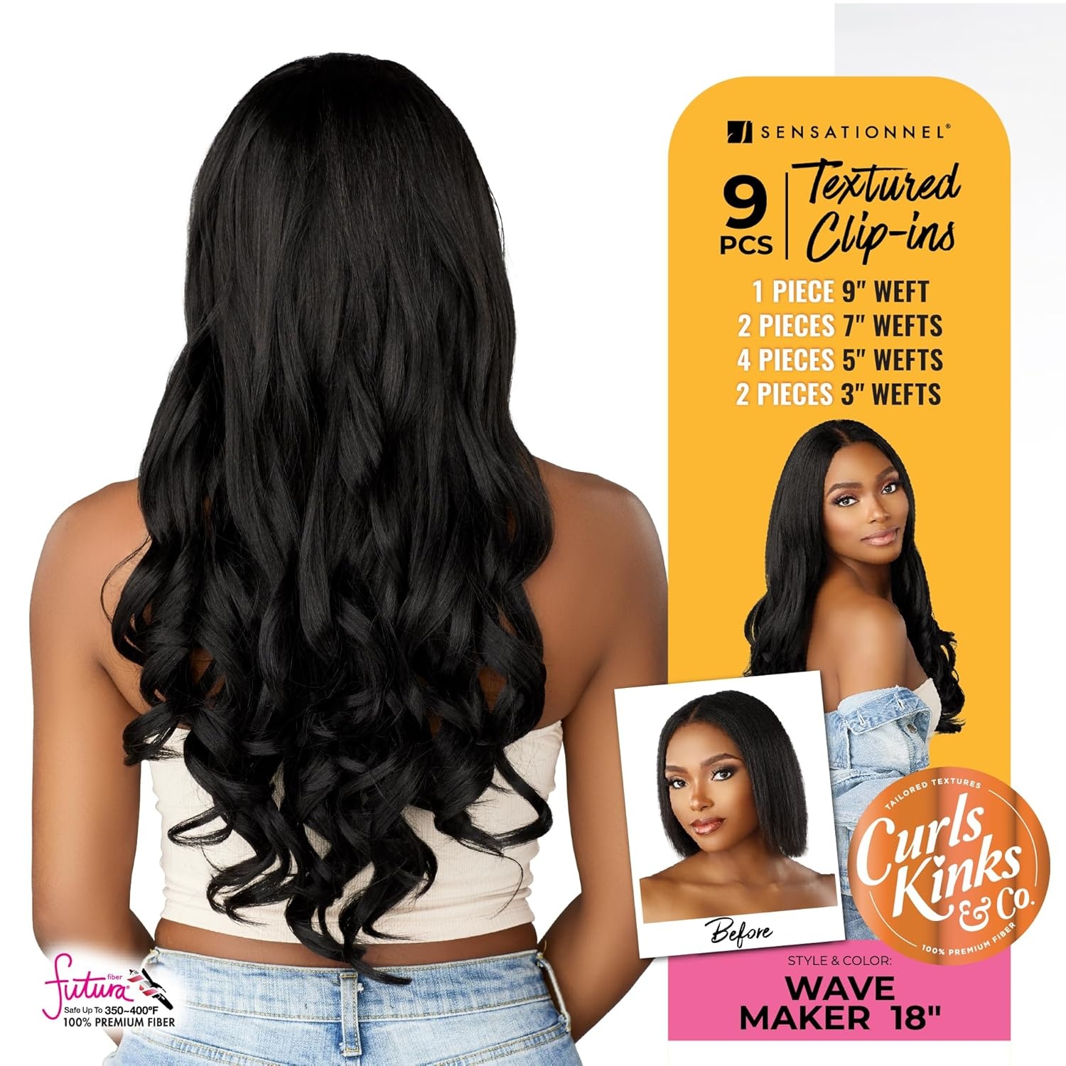 imageSensationnel Curls Kinksandco Clip in Wave Maker 18 Inch Hairextensions Synthetic 9 Piece Pack Easy to Use Clips for Natural 3C to 4C hair 1 JETBLACK1B OFFBLACK