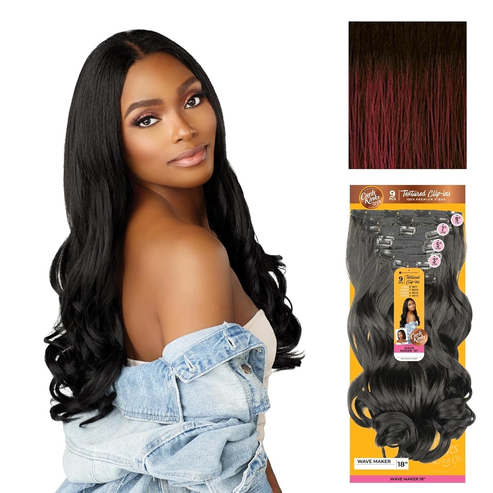 imageSensationnel Curls Kinksandco Clip in Wave Maker 18 Inch Hairextensions Synthetic 9 Piece Pack Easy to Use Clips for Natural 3C to 4C hair 1 JETBLACKTH2BG