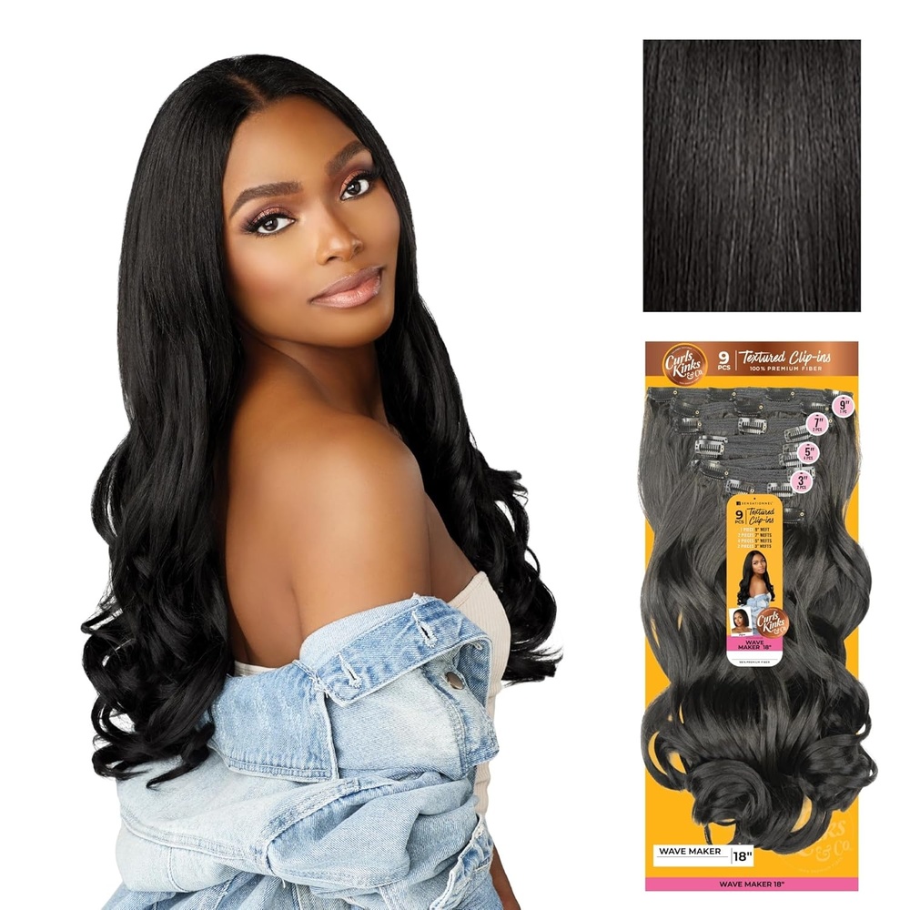 imageSensationnel Curls Kinksandco Clip in Wave Maker 18 Inch Hairextensions Synthetic 9 Piece Pack Easy to Use Clips for Natural 3C to 4C hair 1 JETBLACK1B OFFBLACK
