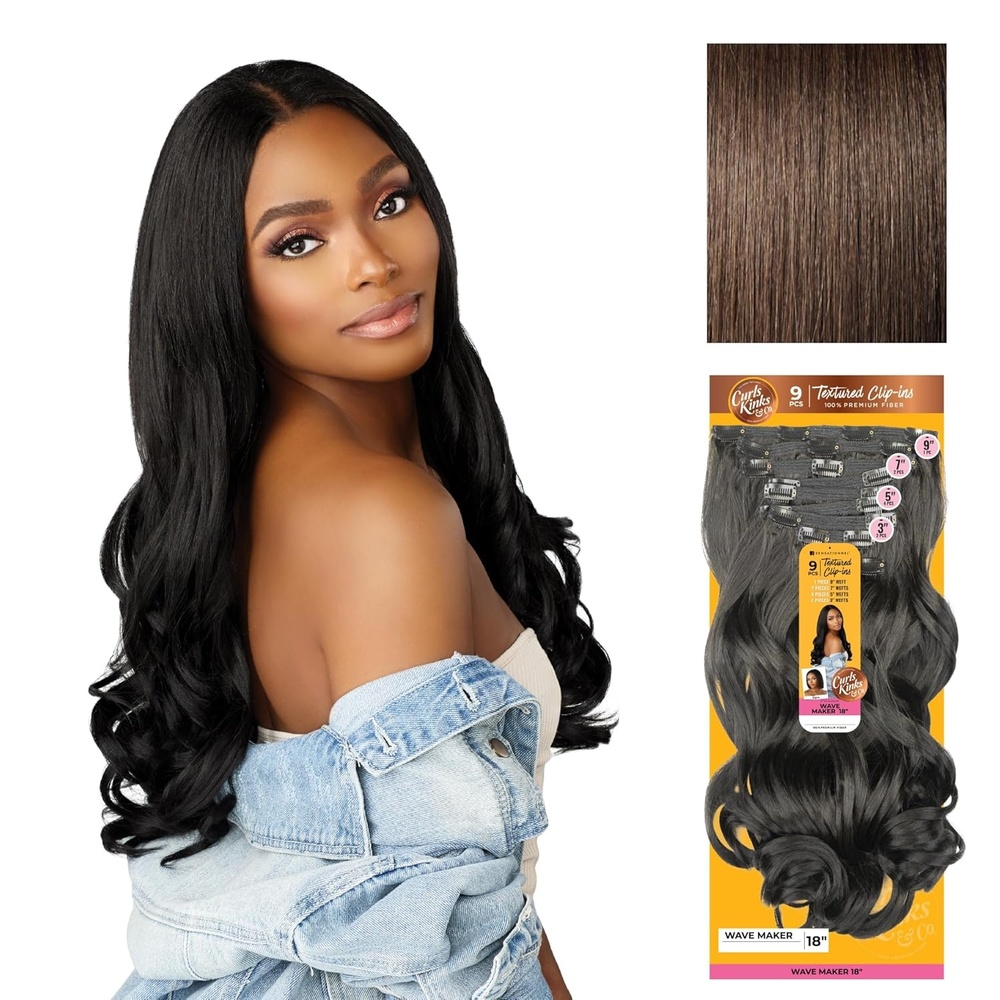 imageSensationnel Curls Kinksandco Clip in Wave Maker 18 Inch Hairextensions Synthetic 9 Piece Pack Easy to Use Clips for Natural 3C to 4C hair 1 JETBLACK4 MEDBROWN
