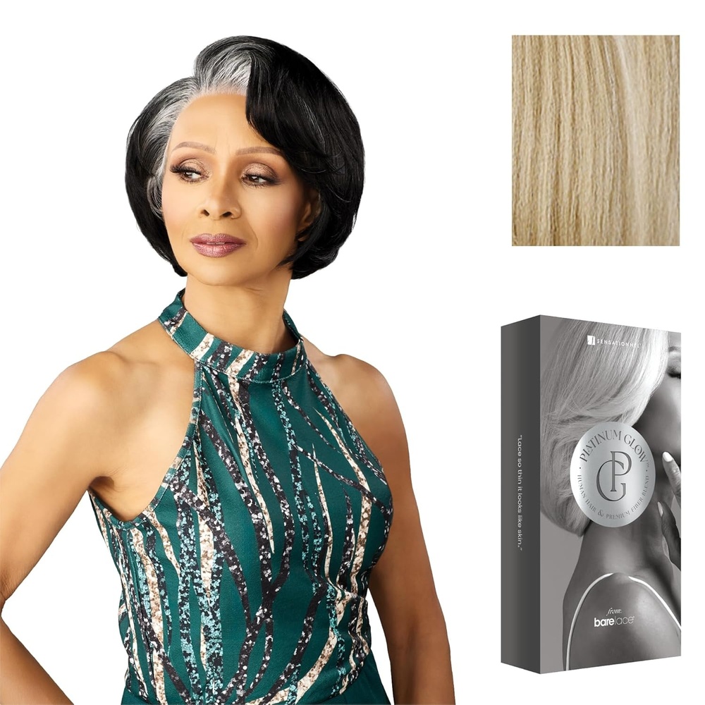 imageSensationnel Platinum Glow 13X6 Wig  Maxine Lacefrontal Glueless Precut Human Hair Blend and Preplucked Hairline 1 JETBLACKLUXEBLONDE