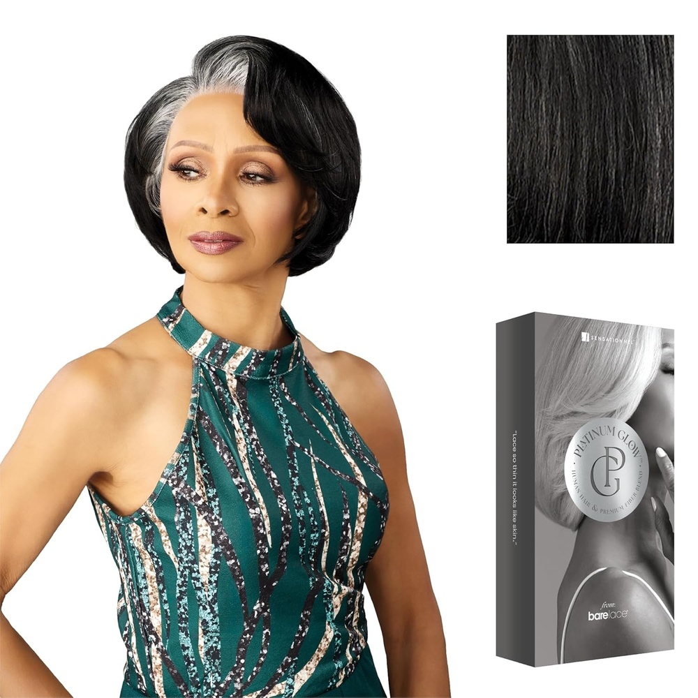 imageSensationnel Platinum Glow 13X6 Wig Maxine Lacefrontal Glueless Precut Human Hair Blend and Preplucked Hairline 1 JETBLACKSHIMMERINGPEARL