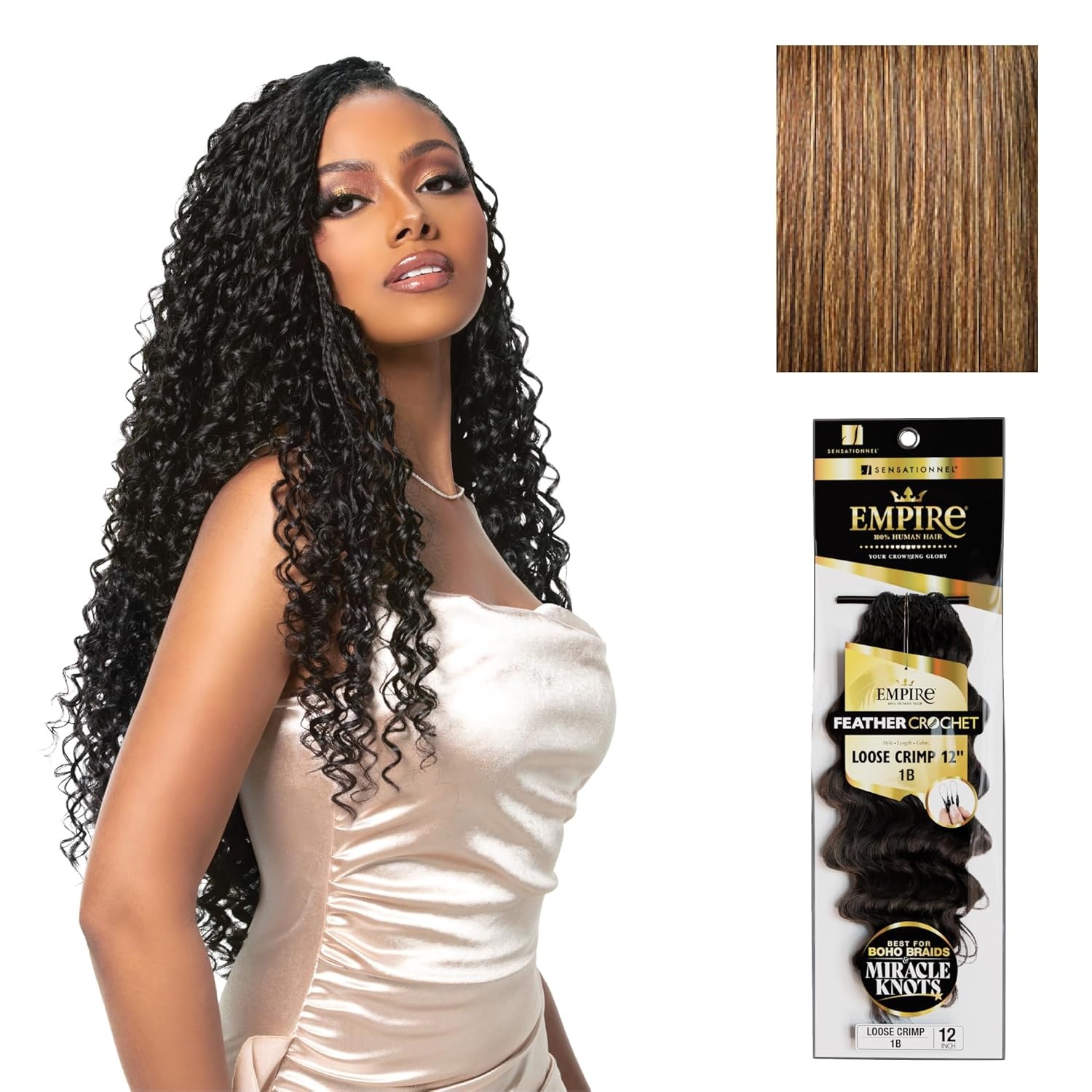 image:imageSensationnel Empire Feather Crochet Braiding Hair Loose Crimp Human Hair for Boho Braids and Miracle Knots Pre Separated 50 strands 10 inch 1 JETBLACKS427