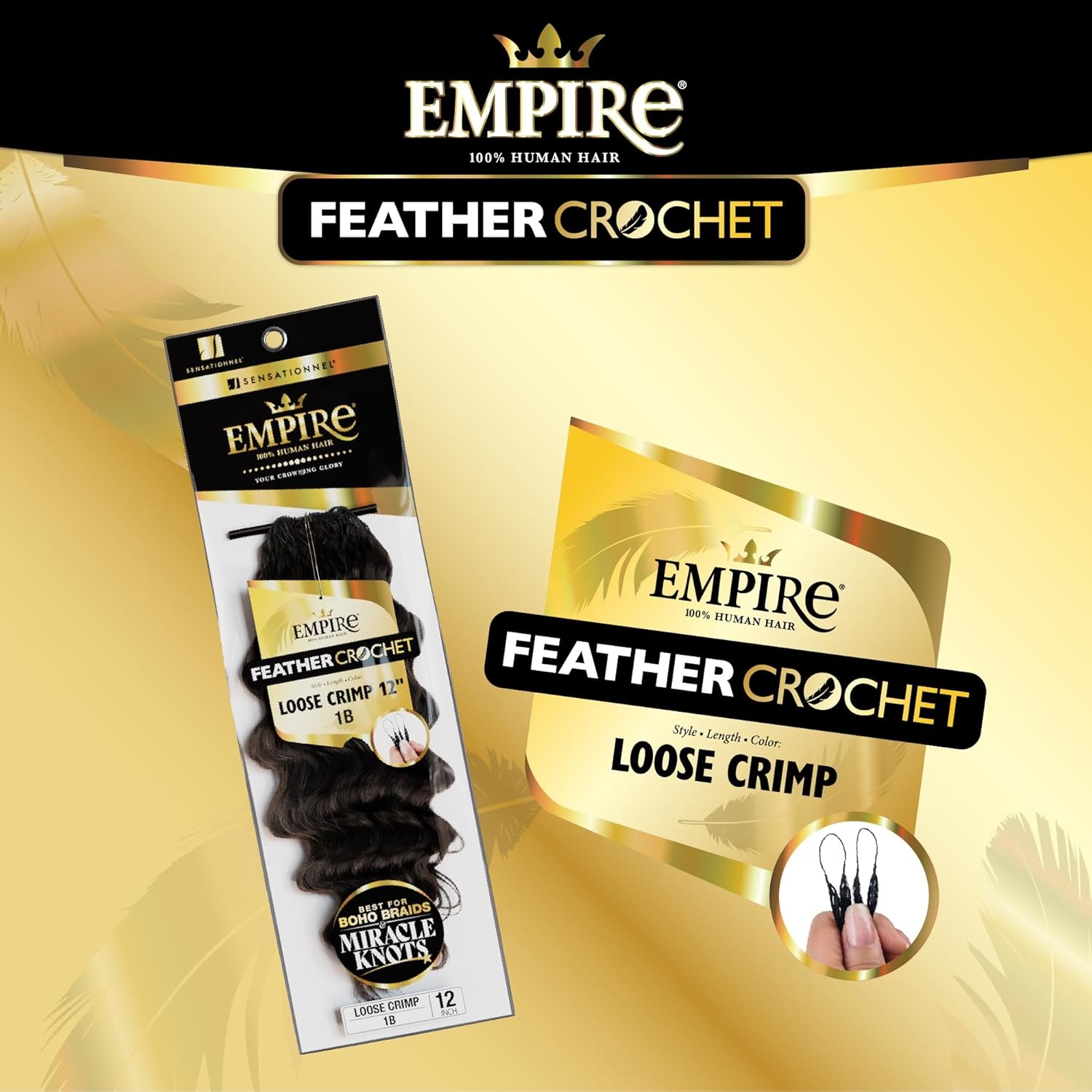 image:imageSensationnel Empire Feather Crochet Braiding Hair Loose Crimp Human Hair for Boho Braids and Miracle Knots Pre Separated 50 strands 10 inch 1 JETBLACK27 HONEYBLONDE