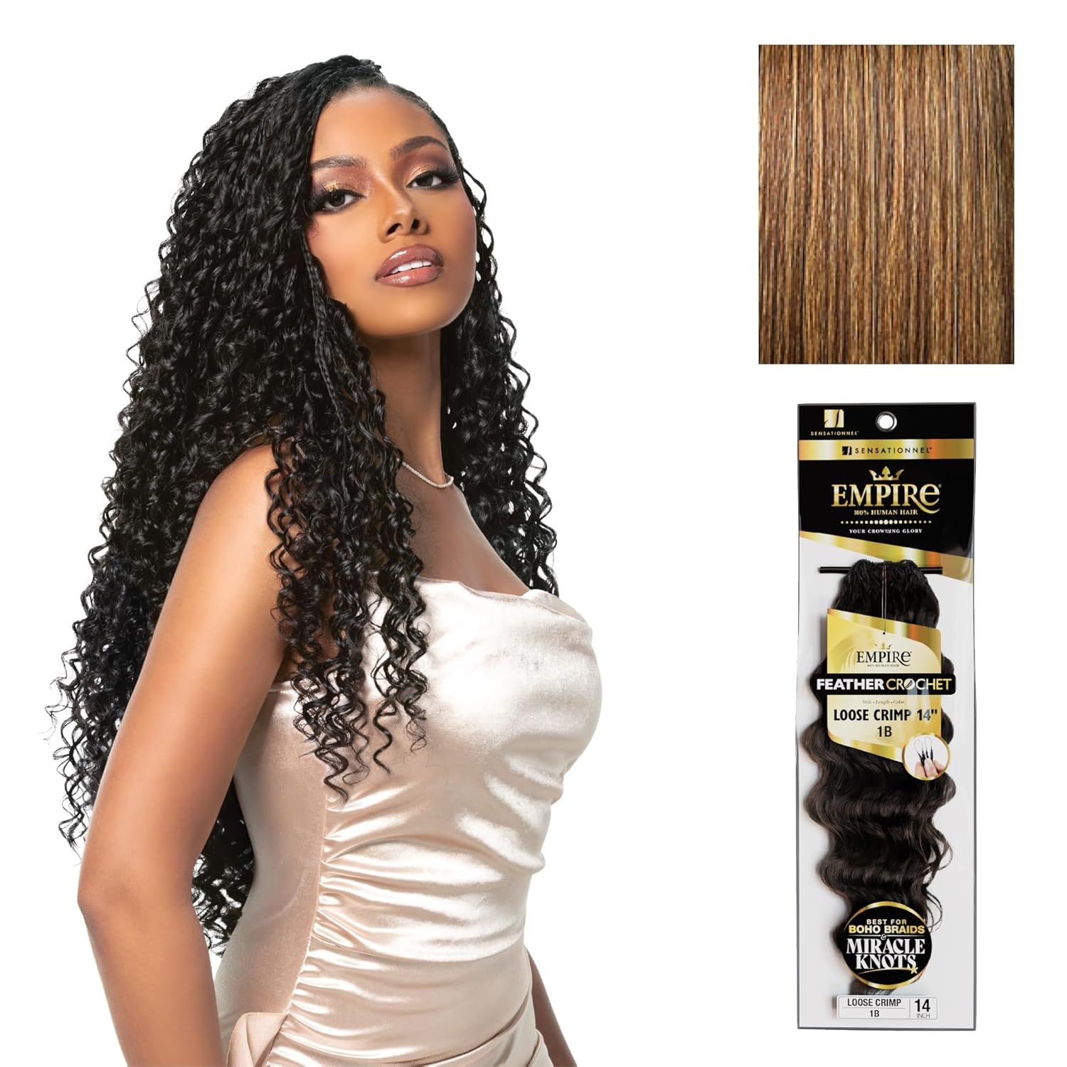 image:imageSensationnel Empire Feather Crochet Braiding Hair Loose Crimp Human Hair for Boho Braids and Miracle Knots Pre Separated 50 strands 10 inch 1 JETBLACKS427