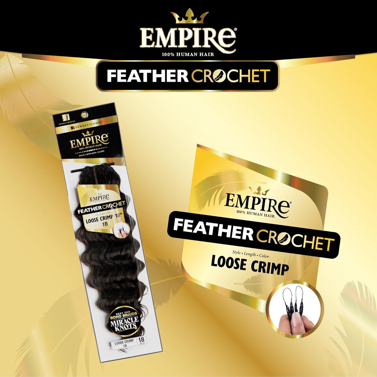 image:imageSensationnel Empire Feather Crochet Braiding Hair Loose Crimp Human Hair for Boho Braids and Miracle Knots Pre Separated 50 strands 10 inch 1 JETBLACKS430