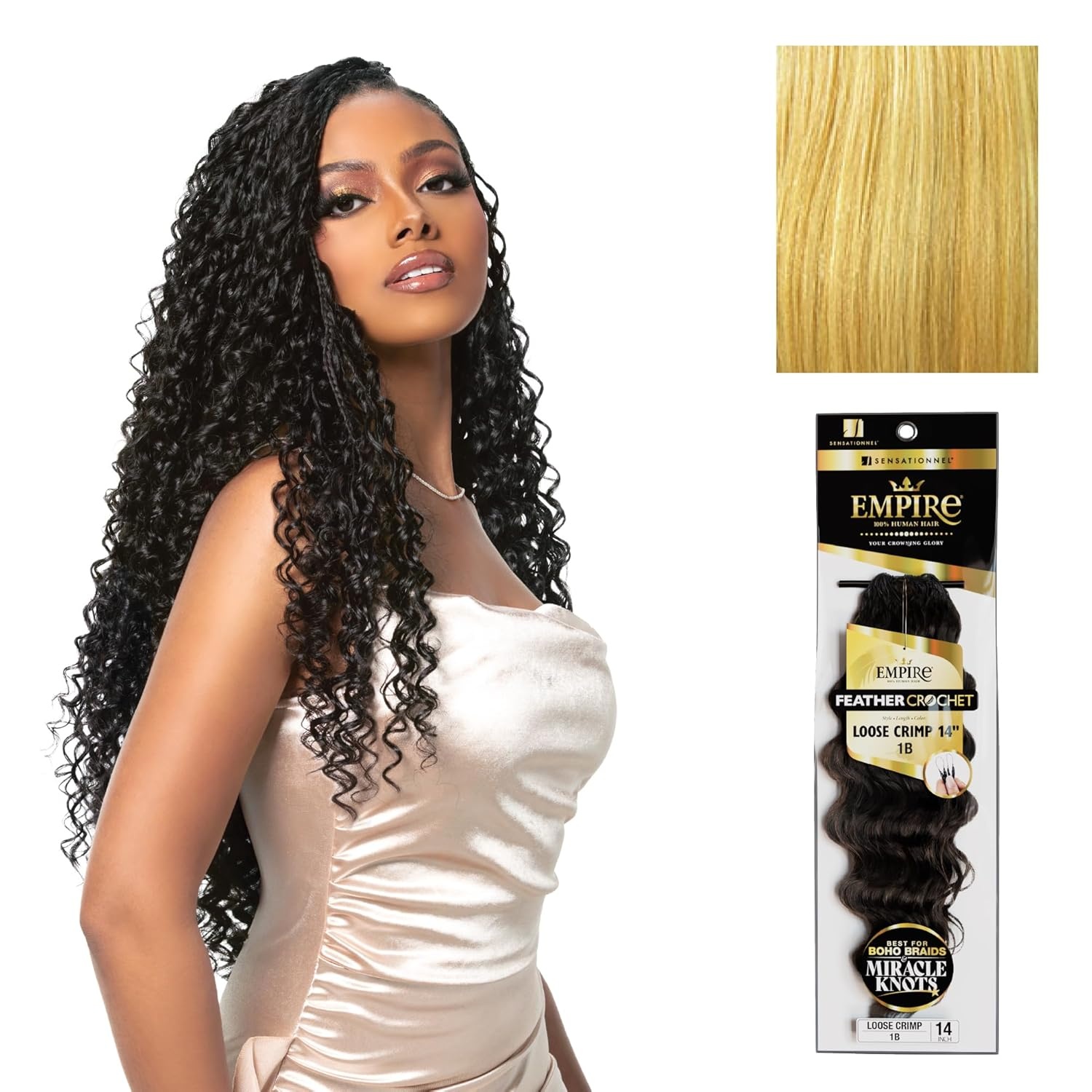 image:imageSensationnel Empire Feather Crochet Braiding Hair Loose Crimp Human Hair for Boho Braids and Miracle Knots Pre Separated 50 strands 10 inch 1 JETBLACKS27613