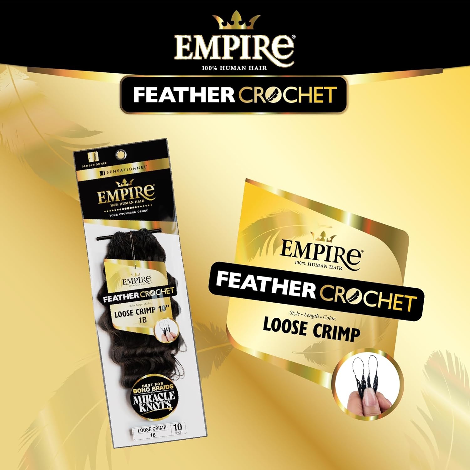 image:imageSensationnel Empire Feather Crochet Braiding Hair Loose Crimp Human Hair for Boho Braids and Miracle Knots Pre Separated 50 strands 10 inch 1 JETBLACK27 HONEYBLONDE