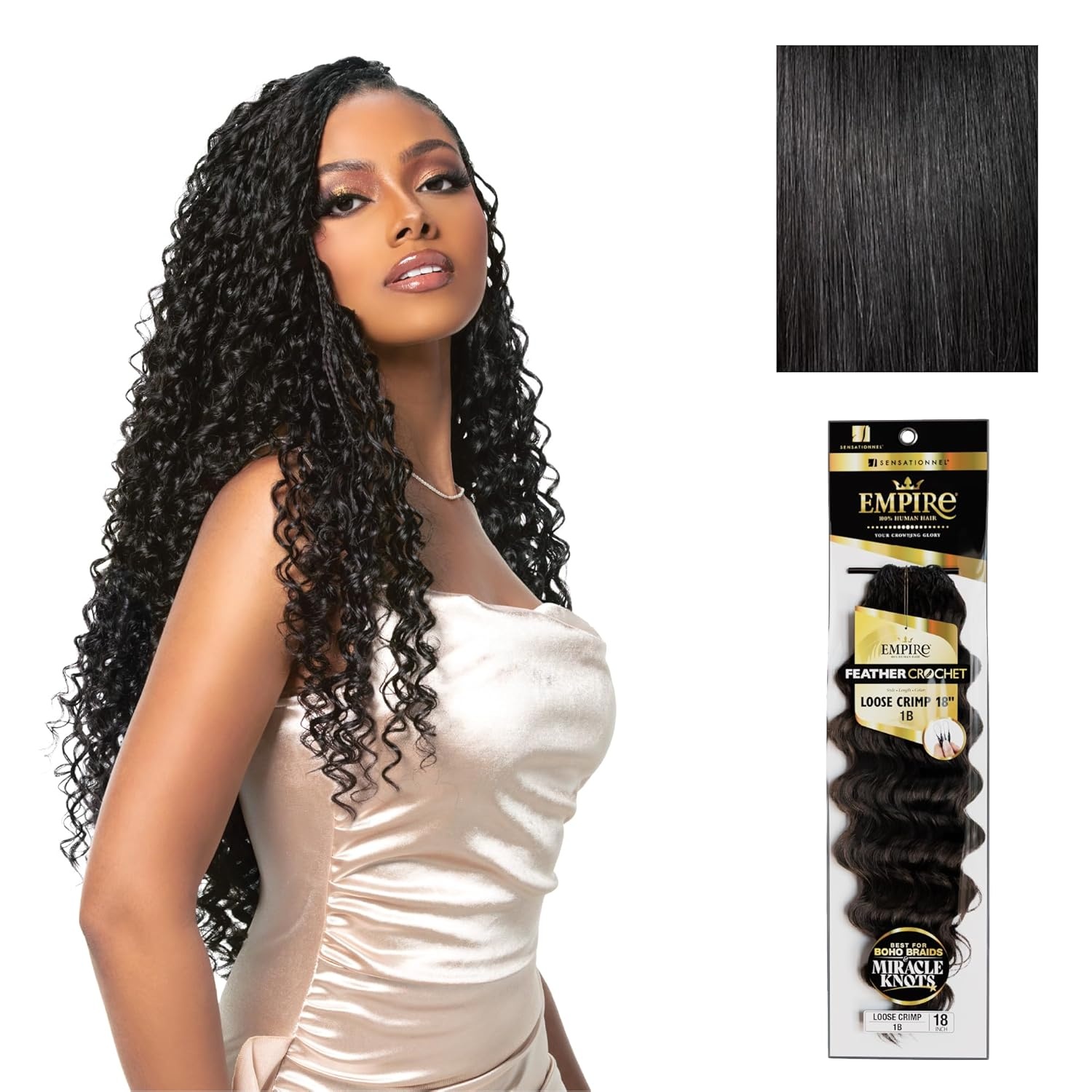 image:imageSensationnel Empire Feather Crochet Braiding Hair Loose Crimp Human Hair for Boho Braids and Miracle Knots Pre Separated 50 strands 10 inch 1 JETBLACK1 JETBLACK
