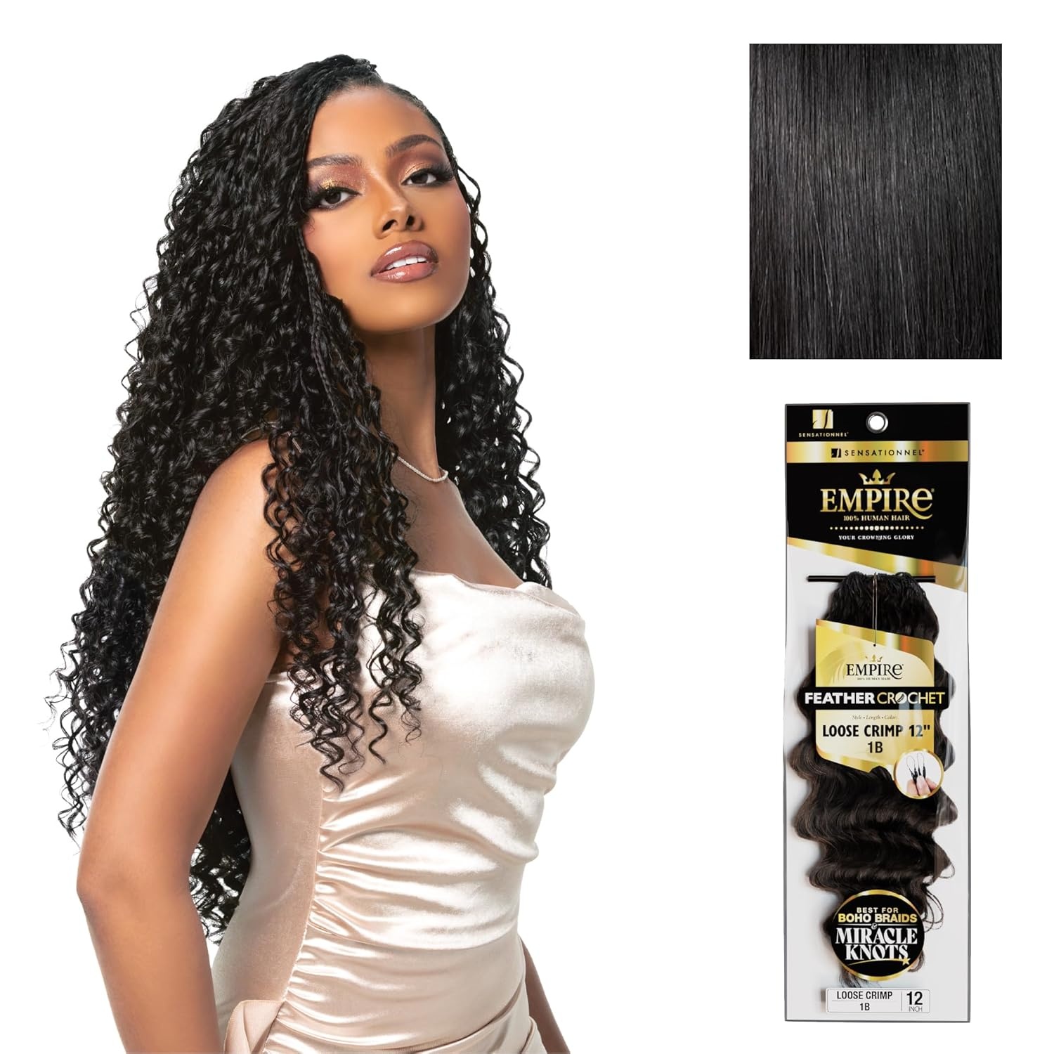 image:imageSensationnel Empire Feather Crochet Braiding Hair Loose Crimp Human Hair for Boho Braids and Miracle Knots Pre Separated 50 strands 10 inch 1 JETBLACK1 JETBLACK