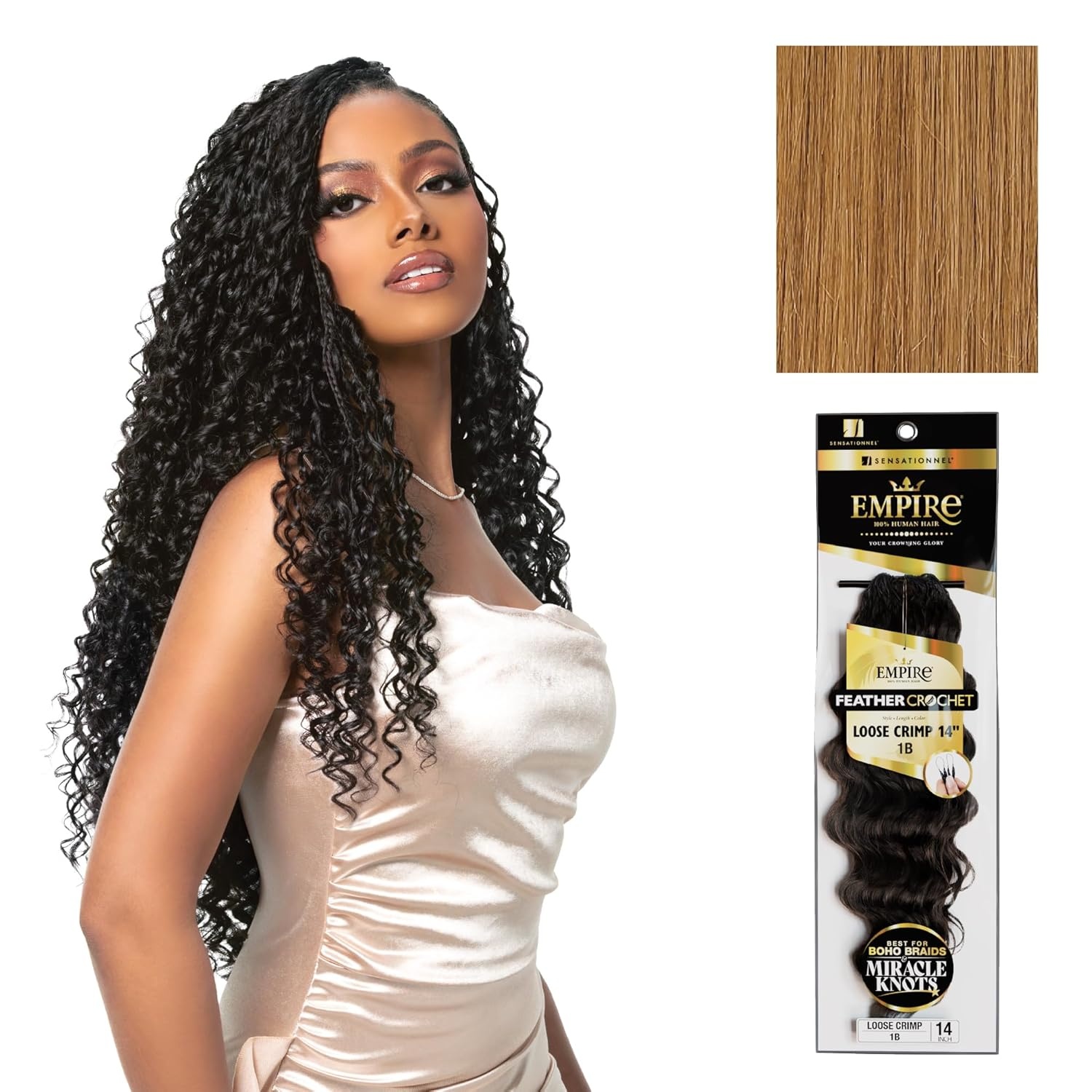 image:imageSensationnel Empire Feather Crochet Braiding Hair Loose Crimp Human Hair for Boho Braids and Miracle Knots Pre Separated 50 strands 10 inch 1 JETBLACK27 HONEYBLONDE