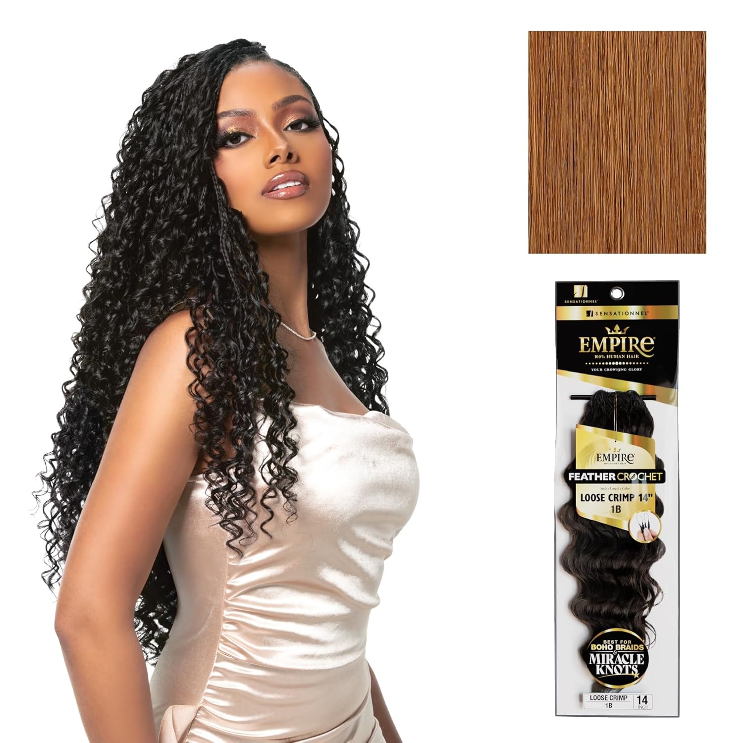 image:imageSensationnel Empire Feather Crochet Braiding Hair Loose Crimp Human Hair for Boho Braids and Miracle Knots Pre Separated 50 strands 10 inch 1 JETBLACK30 LIGHTAUBURN