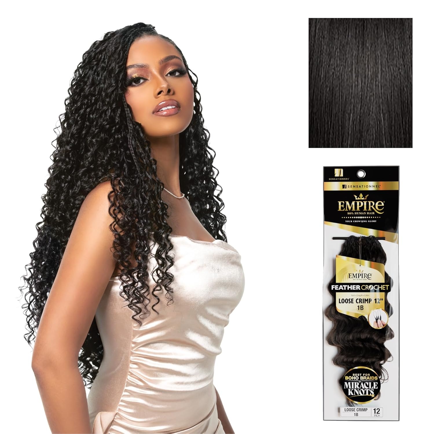 image:imageSensationnel Empire Feather Crochet Braiding Hair Loose Crimp Human Hair for Boho Braids and Miracle Knots Pre Separated 50 strands 10 inch 1 JETBLACK1B OFFBLACK