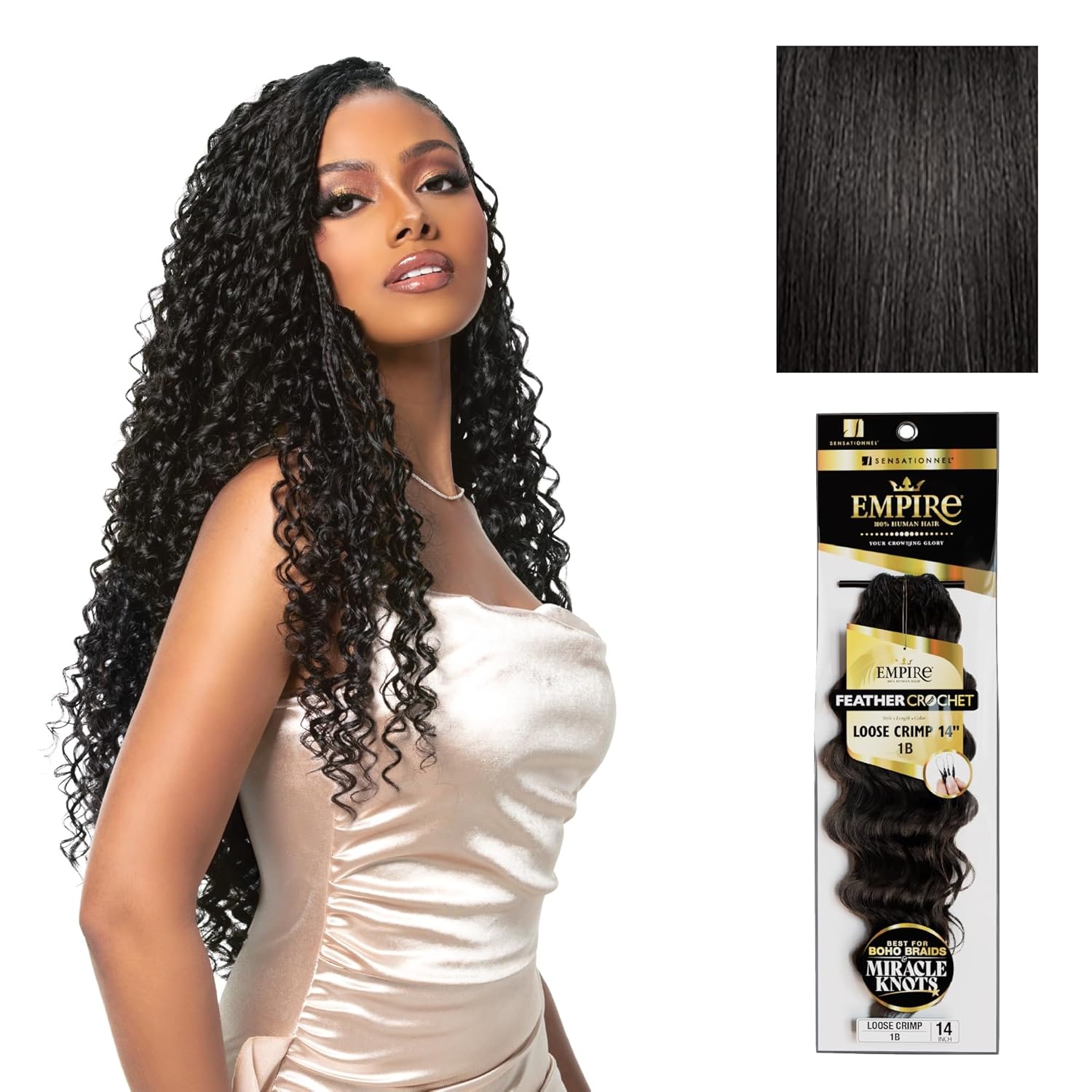image:imageSensationnel Empire Feather Crochet Braiding Hair Loose Crimp Human Hair for Boho Braids and Miracle Knots Pre Separated 50 strands 10 inch 1 JETBLACK1B OFFBLACK