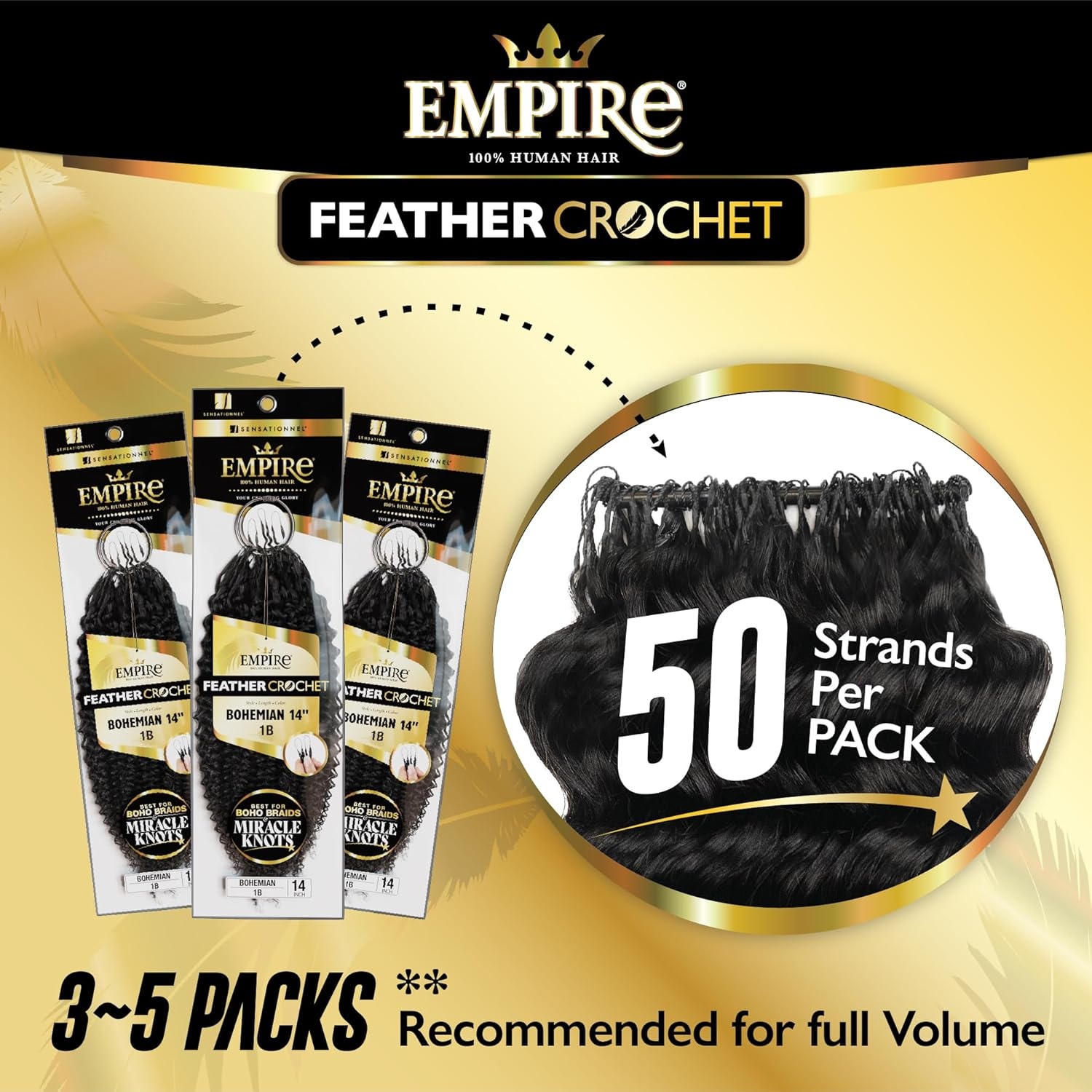 image:imageSensationnel Empire Feather Crochet Braiding Hair Loose Crimp Human Hair for Boho Braids and Miracle Knots Pre Separated 50 strands 10 inch 1 JETBLACKS430