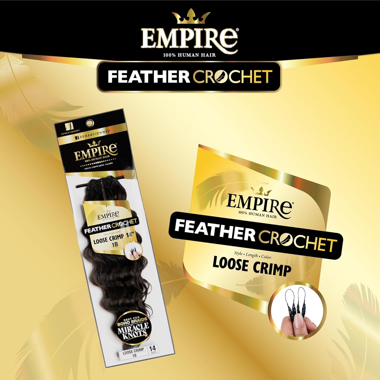 image:imageSensationnel Empire Feather Crochet Braiding Hair Loose Crimp Human Hair for Boho Braids and Miracle Knots Pre Separated 50 strands 10 inch 1 JETBLACKS427