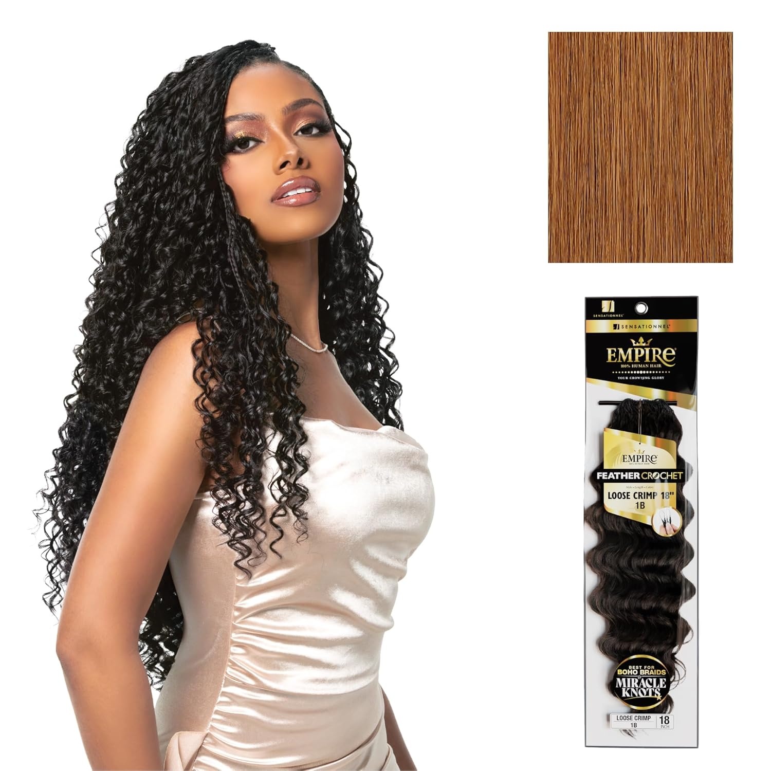 image:imageSensationnel Empire Feather Crochet Braiding Hair Loose Crimp Human Hair for Boho Braids and Miracle Knots Pre Separated 50 strands 10 inch 1 JETBLACK30 LIGHTAUBURN