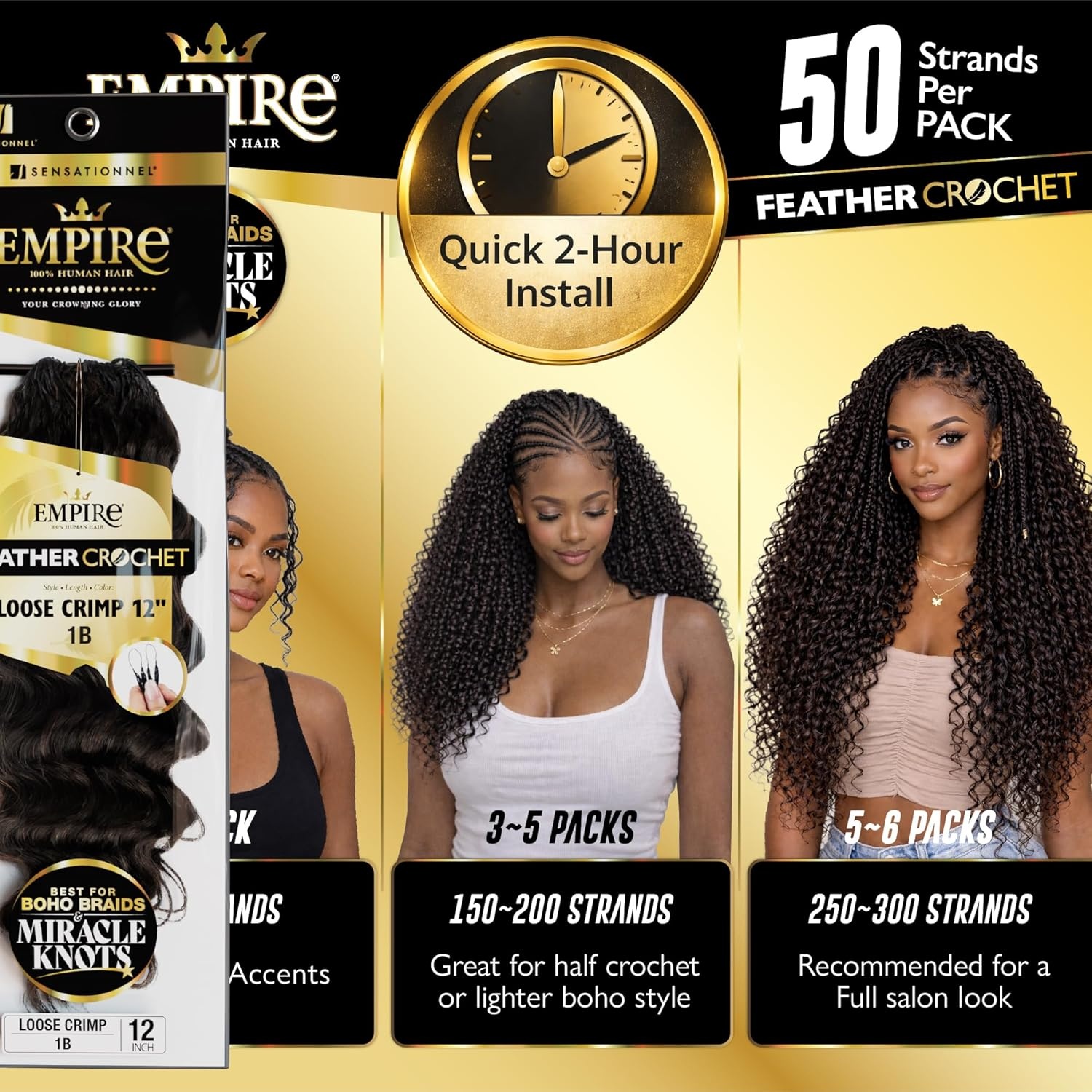 image:imageSensationnel Empire Feather Crochet Braiding Hair Loose Crimp Human Hair for Boho Braids and Miracle Knots Pre Separated 50 strands 10 inch 1 JETBLACKS27613