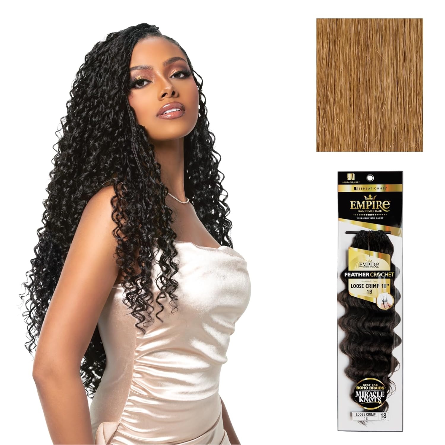 image:imageSensationnel Empire Feather Crochet Braiding Hair Loose Crimp Human Hair for Boho Braids and Miracle Knots Pre Separated 50 strands 10 inch 1 JETBLACK27 HONEYBLONDE