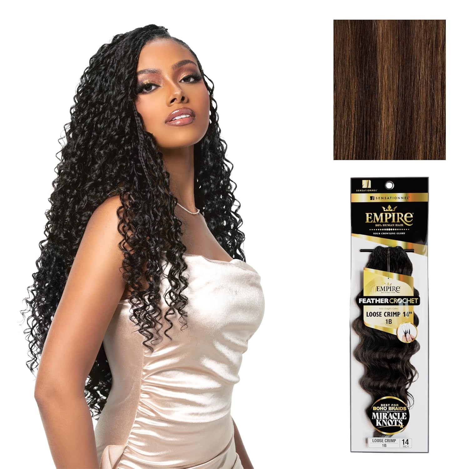 image:imageSensationnel Empire Feather Crochet Braiding Hair Loose Crimp Human Hair for Boho Braids and Miracle Knots Pre Separated 50 strands 10 inch 1 JETBLACKS430
