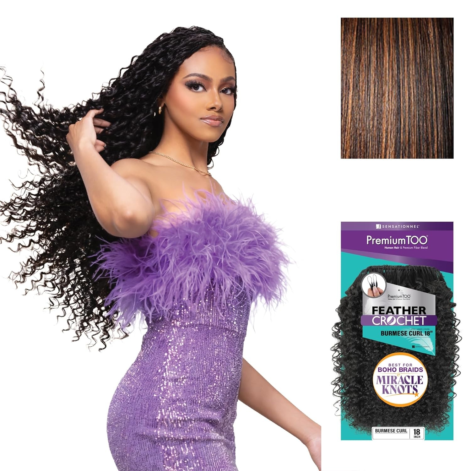 image:imageSensationnel PremToo Feather Crochet Braidinghair Burmese Curl Human Hair Blend with Pre Separated 50 Strands for Boho Braids and Miracle Knots 14 inch 1 JETBLACKS1B30