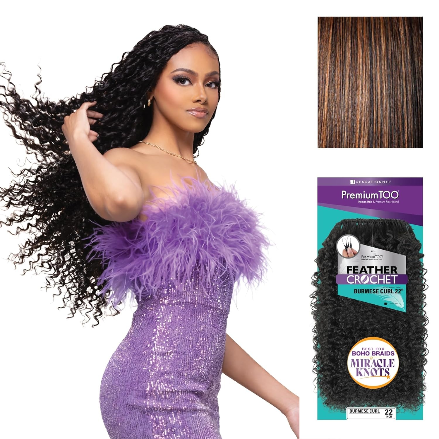 image:imageSensationnel PremToo Feather Crochet Braidinghair Burmese Curl Human Hair Blend with Pre Separated 50 Strands for Boho Braids and Miracle Knots 14 inch 1 JETBLACKS1B30