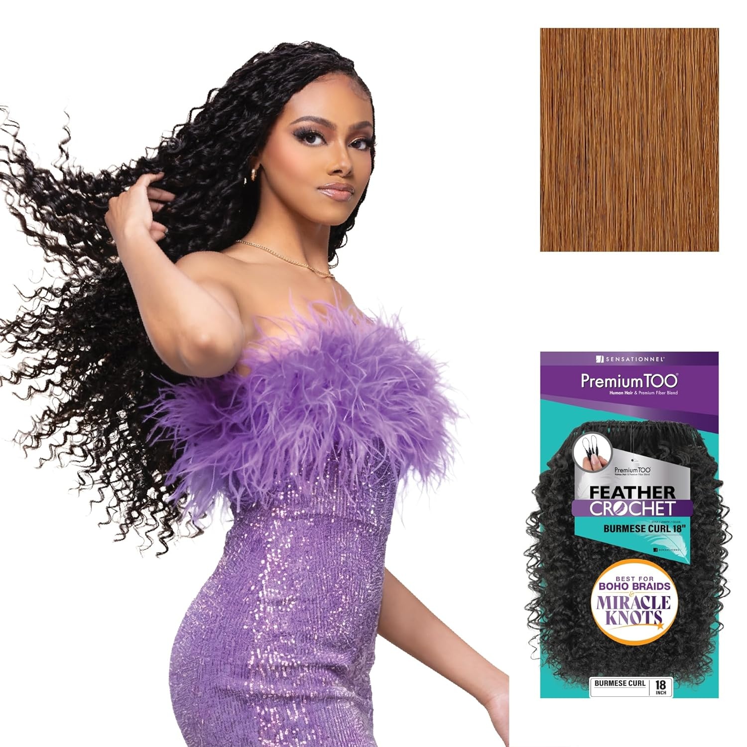 image:imageSensationnel PremToo Feather Crochet Braidinghair Burmese Curl Human Hair Blend with Pre Separated 50 Strands for Boho Braids and Miracle Knots 14 inch 1 JETBLACK30 LIGHTAUBURN