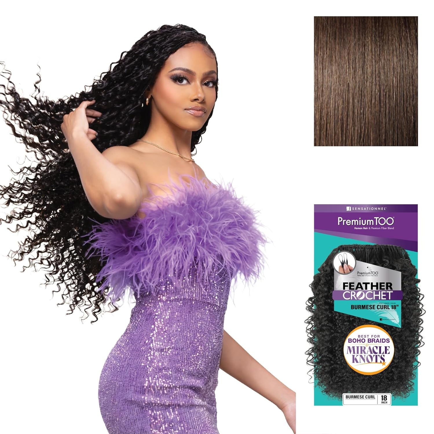 image:imageSensationnel PremToo Feather Crochet Braidinghair Burmese Curl Human Hair Blend with Pre Separated 50 Strands for Boho Braids and Miracle Knots 14 inch 1 JETBLACK4 MEDBROWN