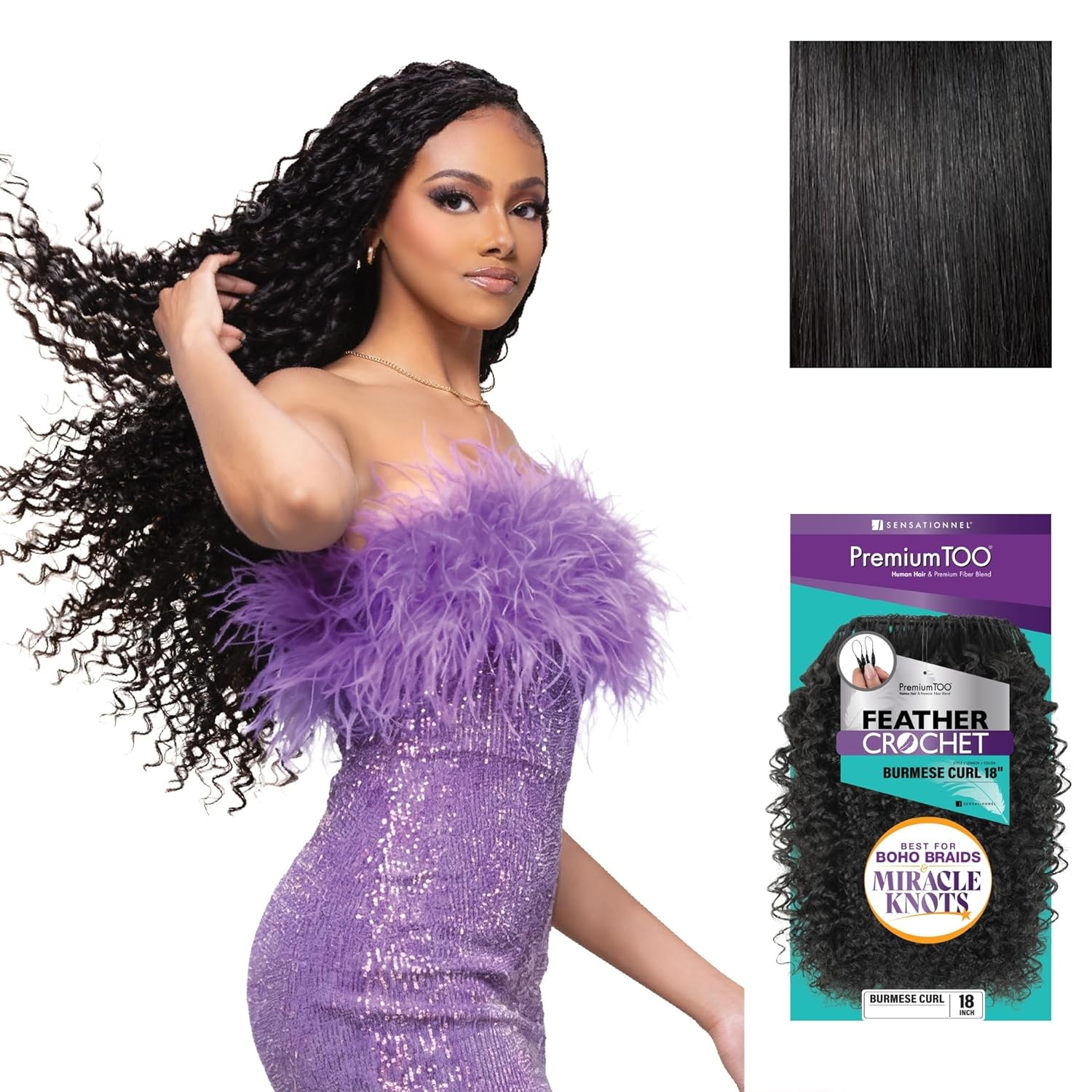 image:imageSensationnel PremToo Feather Crochet Braidinghair Burmese Curl Human Hair Blend with Pre Separated 50 Strands for Boho Braids and Miracle Knots 14 inch 1 JETBLACK1 JETBLACK