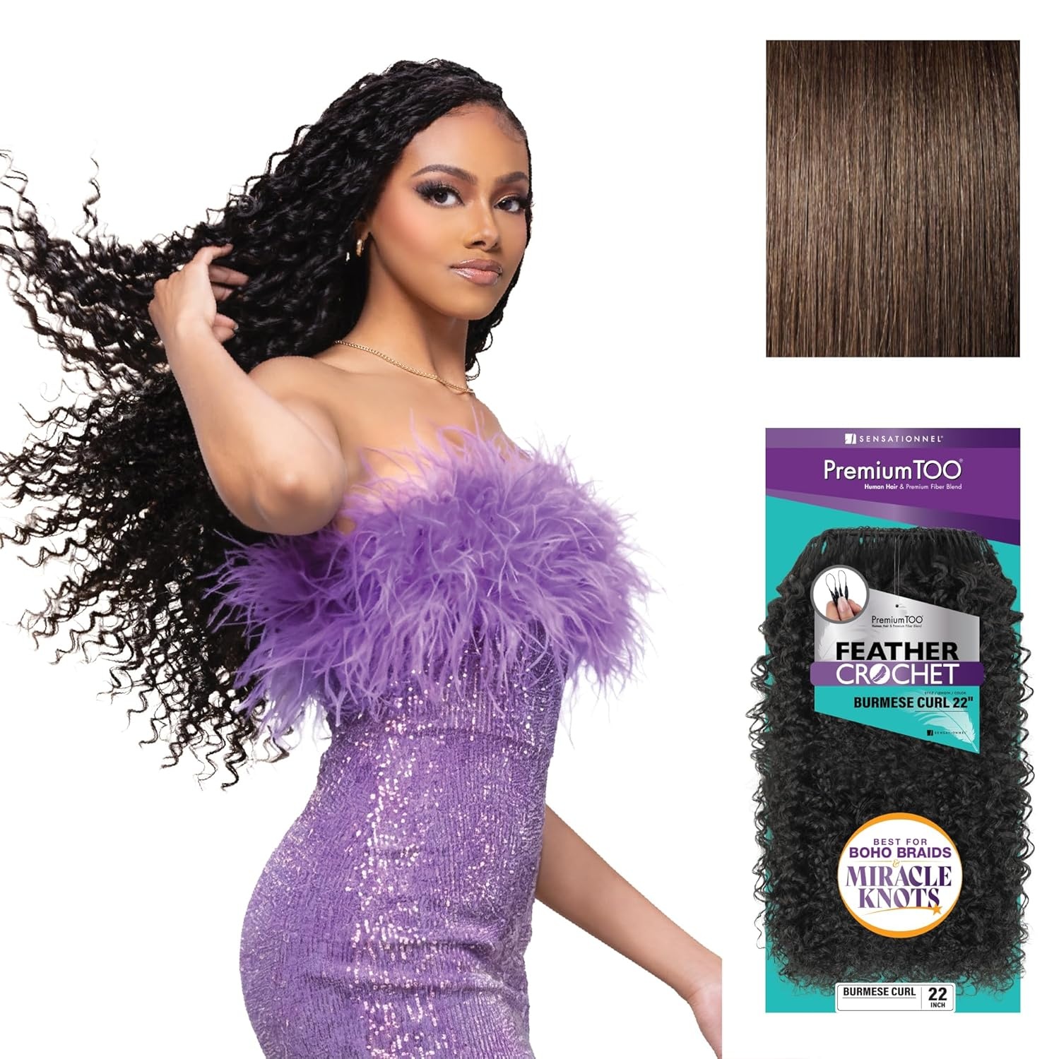 image:imageSensationnel PremToo Feather Crochet Braidinghair Burmese Curl Human Hair Blend with Pre Separated 50 Strands for Boho Braids and Miracle Knots 14 inch 1 JETBLACK4 MEDBROWN