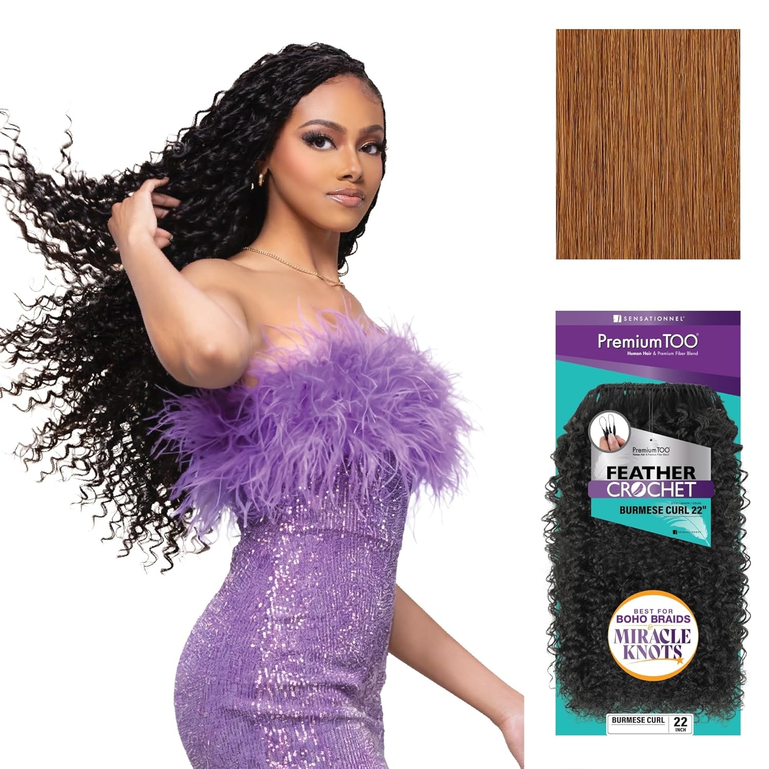 image:imageSensationnel PremToo Feather Crochet Braidinghair Burmese Curl Human Hair Blend with Pre Separated 50 Strands for Boho Braids and Miracle Knots 14 inch 1 JETBLACK30 LIGHTAUBURN