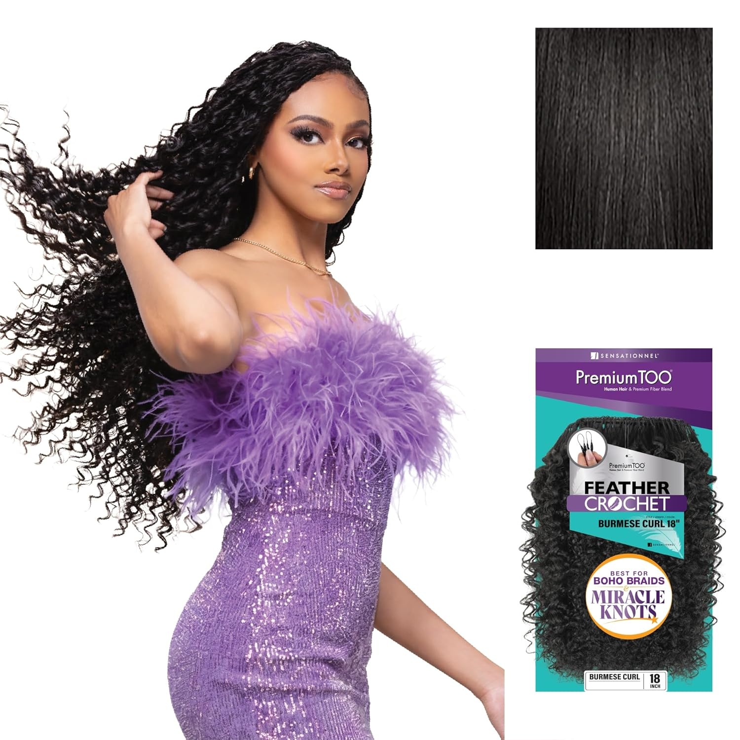 image:imageSensationnel PremToo Feather Crochet Braidinghair Burmese Curl Human Hair Blend with Pre Separated 50 Strands for Boho Braids and Miracle Knots 14 inch 1 JETBLACK1B OFFBLACK