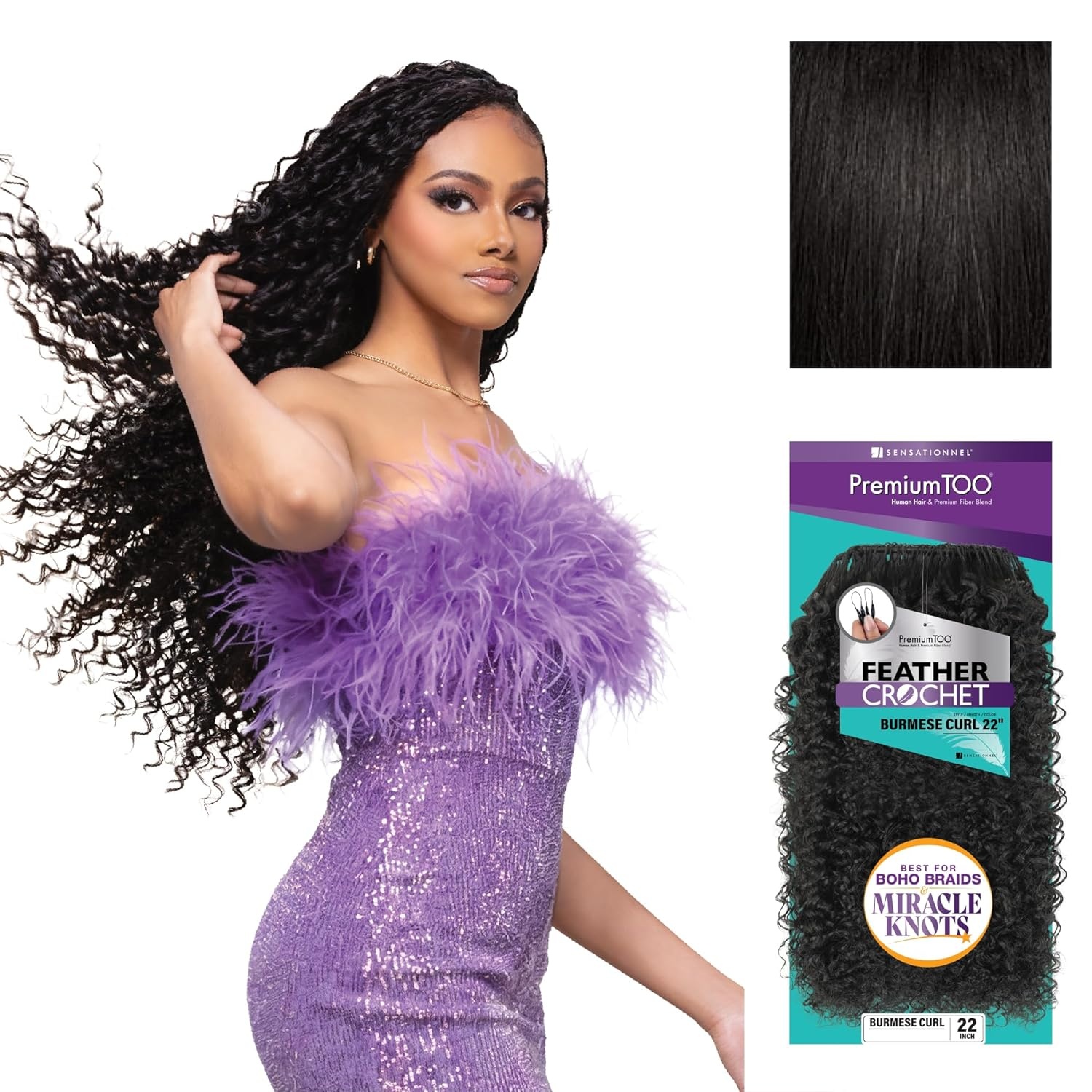 image:imageSensationnel PremToo Feather Crochet Braidinghair Burmese Curl Human Hair Blend with Pre Separated 50 Strands for Boho Braids and Miracle Knots 14 inch 1 JETBLACK1 JETBLACK