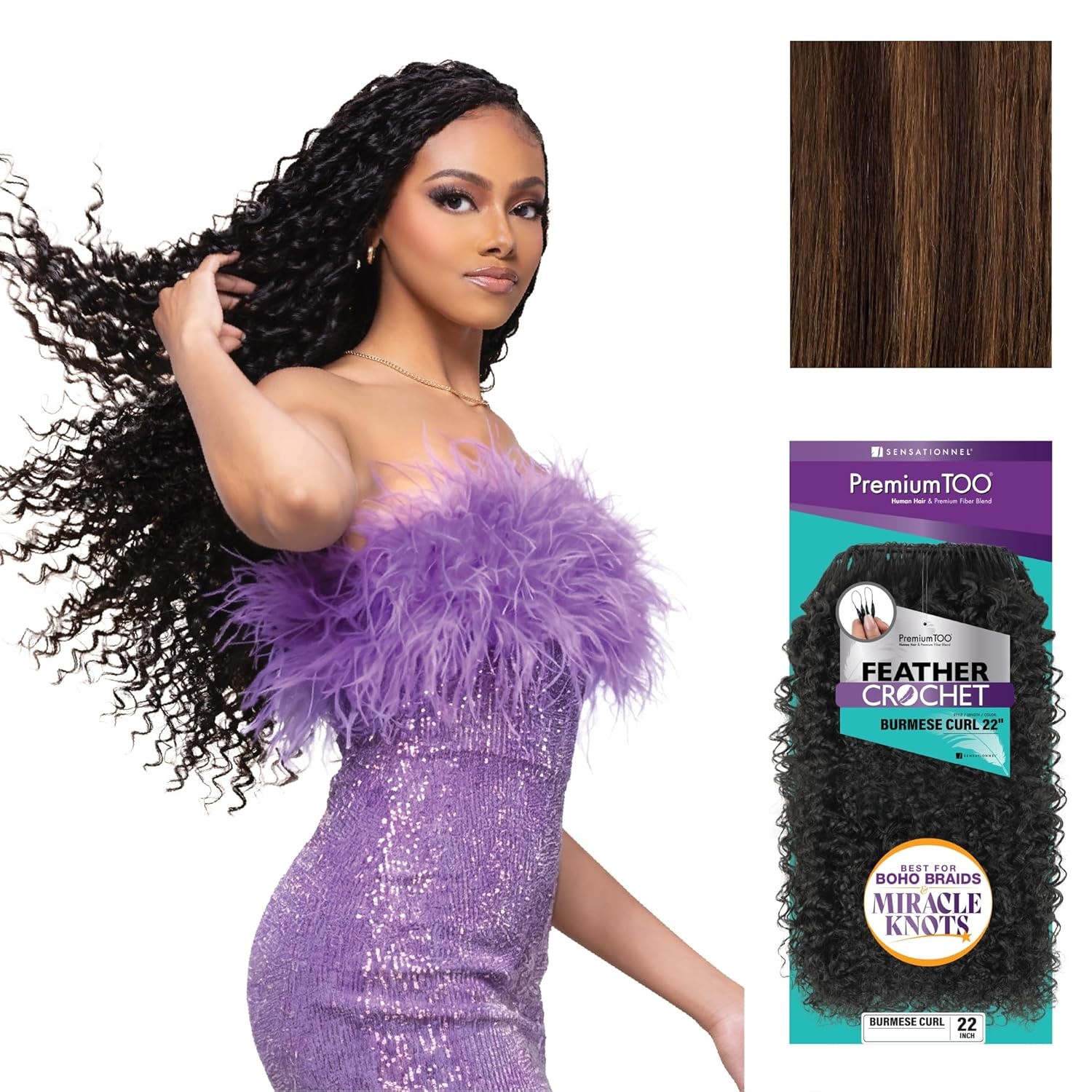 image:imageSensationnel PremToo Feather Crochet Braidinghair Burmese Curl Human Hair Blend with Pre Separated 50 Strands for Boho Braids and Miracle Knots 14 inch 1 JETBLACKS430