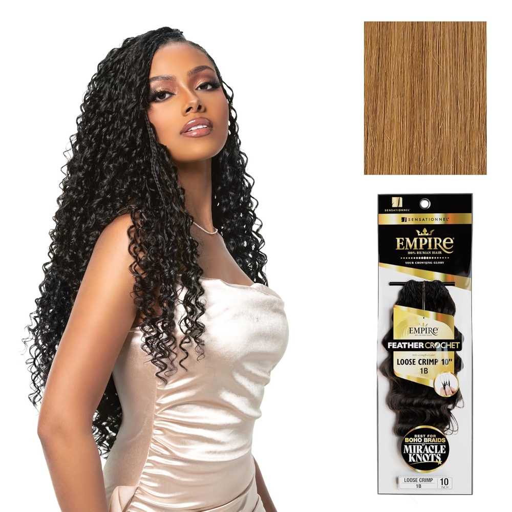 image:imageSensationnel Empire Feather Crochet Braiding Hair  Loose Crimp Human Hair for Boho Braids and Miracle Knots Pre Separated 50 strands 10 inch 1 JETBLACK27 HONEYBLONDE