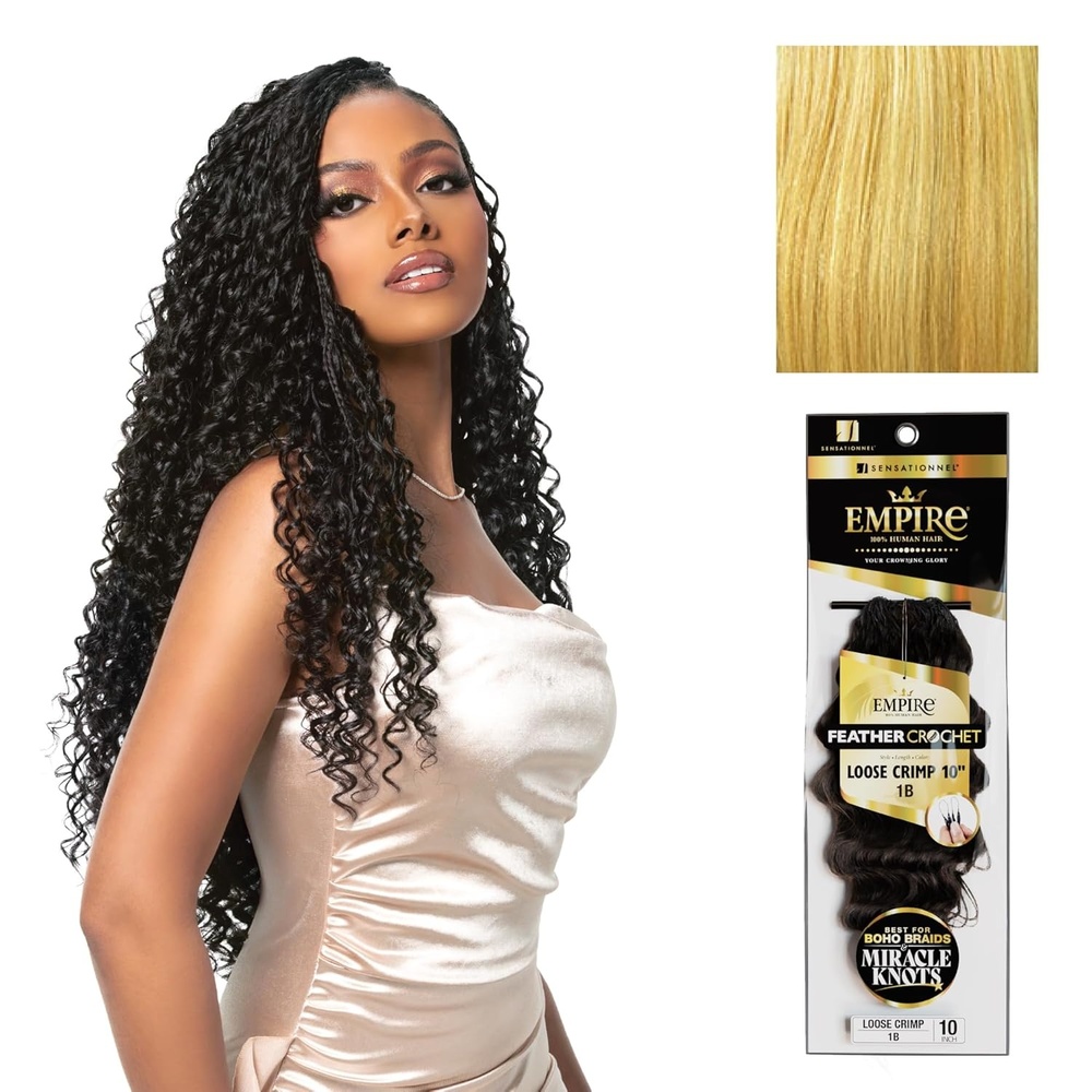 image:imageSensationnel Empire Feather Crochet Braiding Hair Loose Crimp Human Hair for Boho Braids and Miracle Knots Pre Separated 50 strands 10 inch 1 JETBLACKS27613