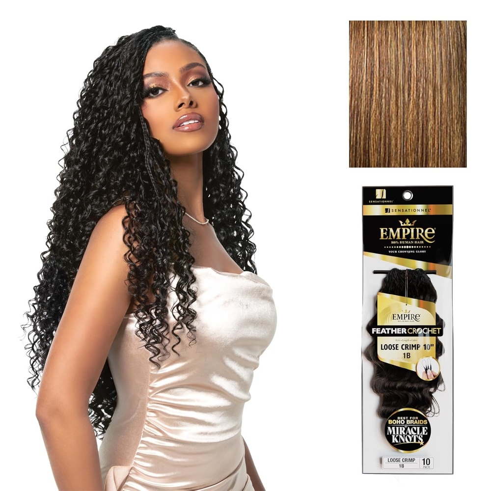image:imageSensationnel Empire Feather Crochet Braiding Hair Loose Crimp Human Hair for Boho Braids and Miracle Knots Pre Separated 50 strands 10 inch 1 JETBLACKS427