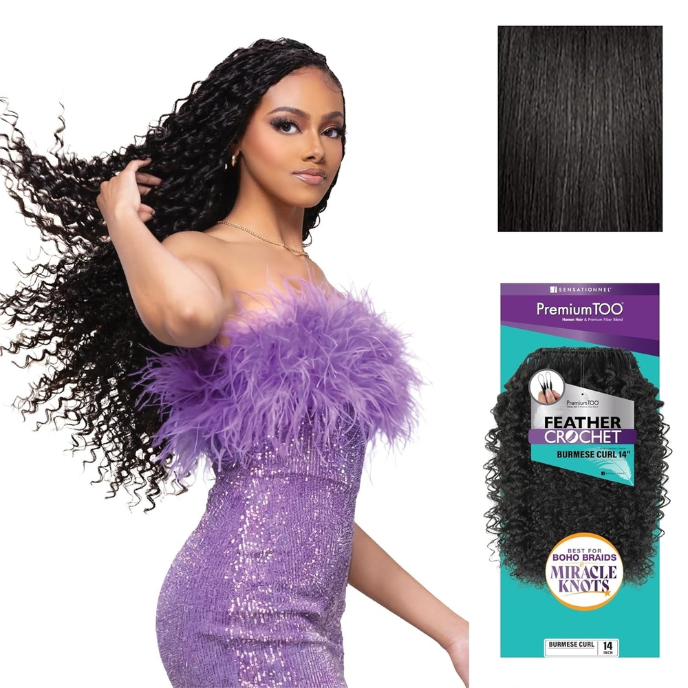 image:imageSensationnel PremToo Feather Crochet Braidinghair Burmese Curl Human Hair Blend with Pre Separated 50 Strands for Boho Braids and Miracle Knots 14 inch 1 JETBLACK1B OFFBLACK