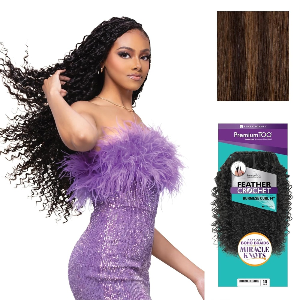 image:imageSensationnel PremToo Feather Crochet Braidinghair Burmese Curl Human Hair Blend with Pre Separated 50 Strands for Boho Braids and Miracle Knots 14 inch 1 JETBLACKS430