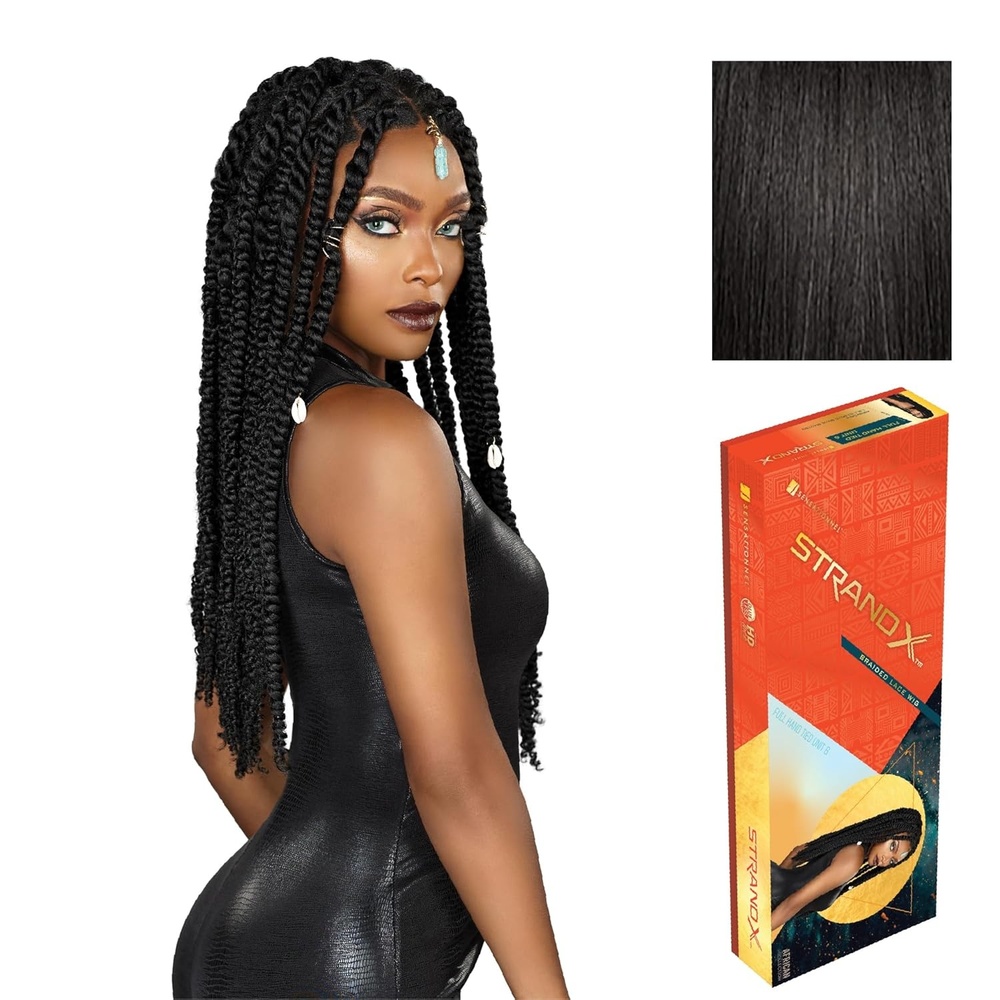 image:imageSensationnel Strand X Full Braided Lacewig Unit 6 Hand Tied Kanekalon HD Glueless Wig 1 JETBLACK1B OFFBLACK