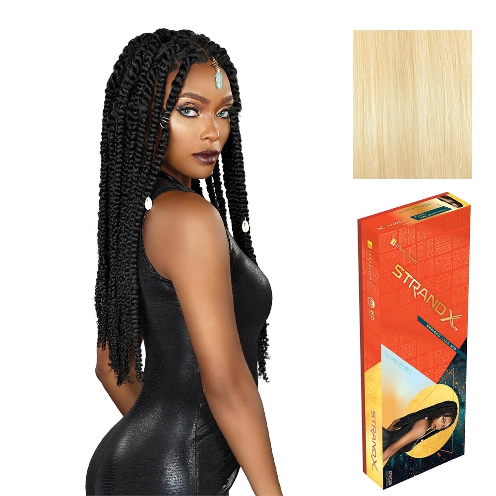 image:imageSensationnel Strand X Full Braided Lacewig Unit 6 Hand Tied Kanekalon HD Glueless Wig 1 JETBLACK613 BLONDE
