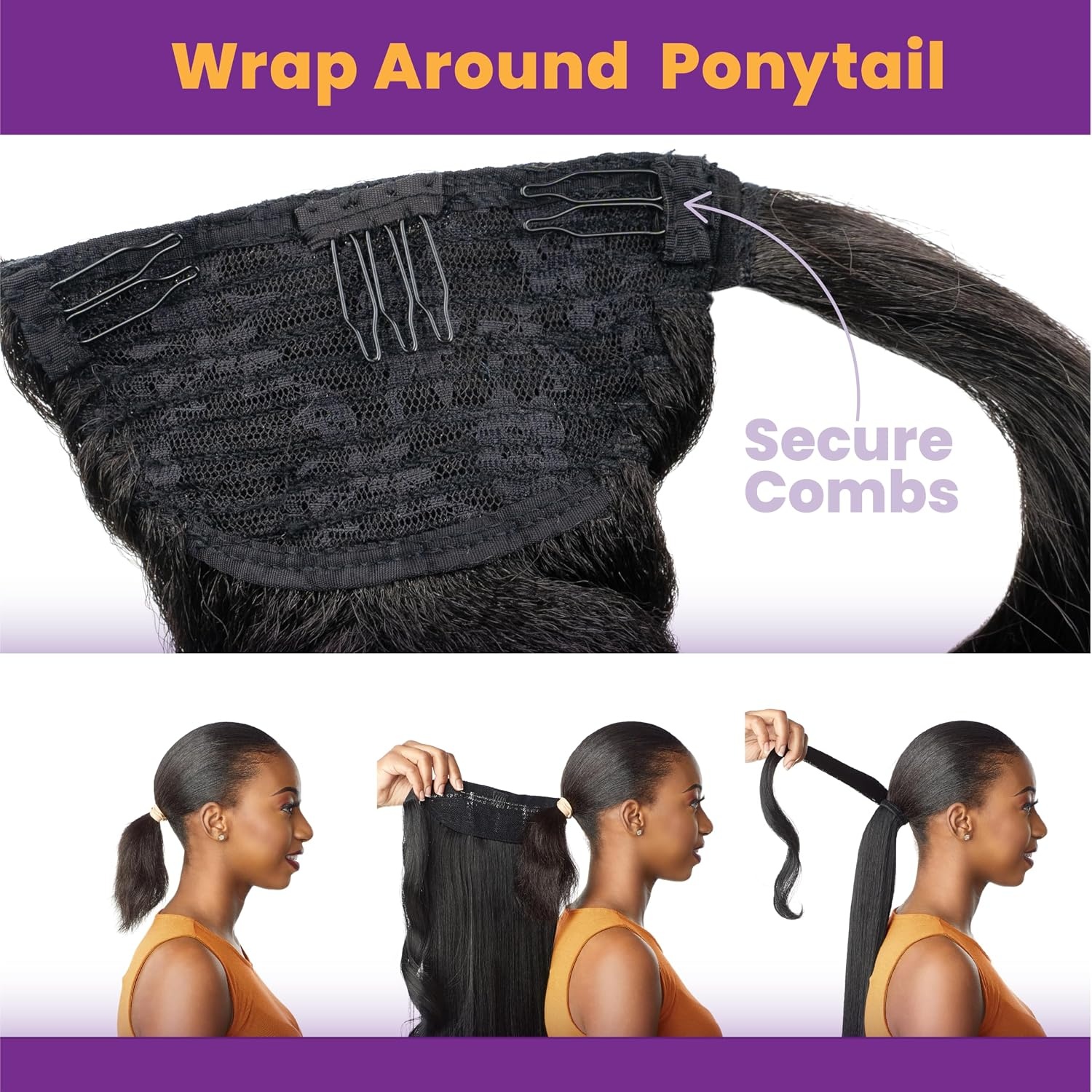 image:imageSensationnel Lulu pony wrap hairextensions 9 high heat synthetic yaki pony tail or up do hair wig piece 1B OFFBLACKSM227