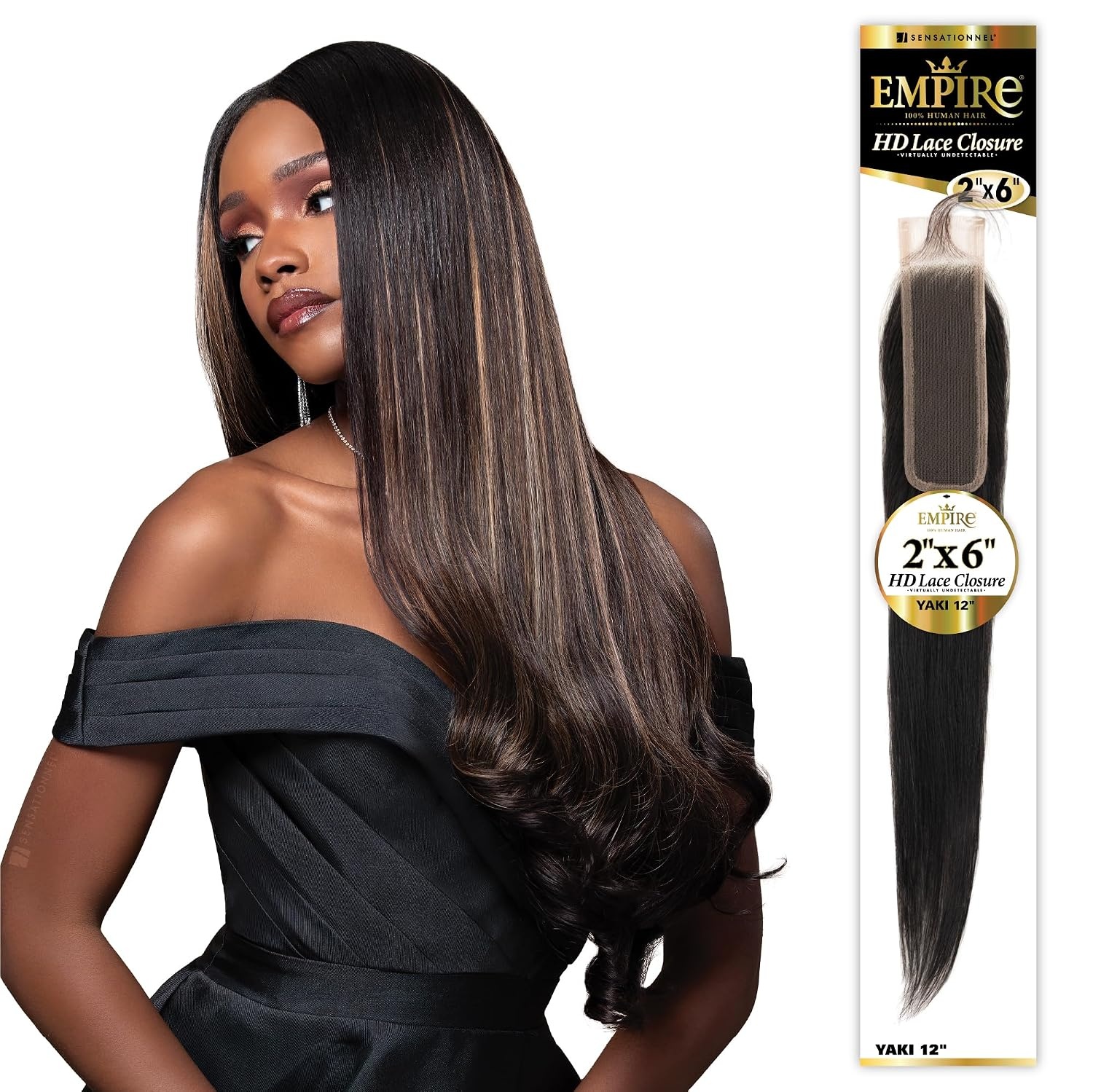 image:imageSensationnel Empire 2x6 Closure Yaki HD Lace Human Hair Extensions 12 inch 1 JETBLACK1B OFFBLACK
