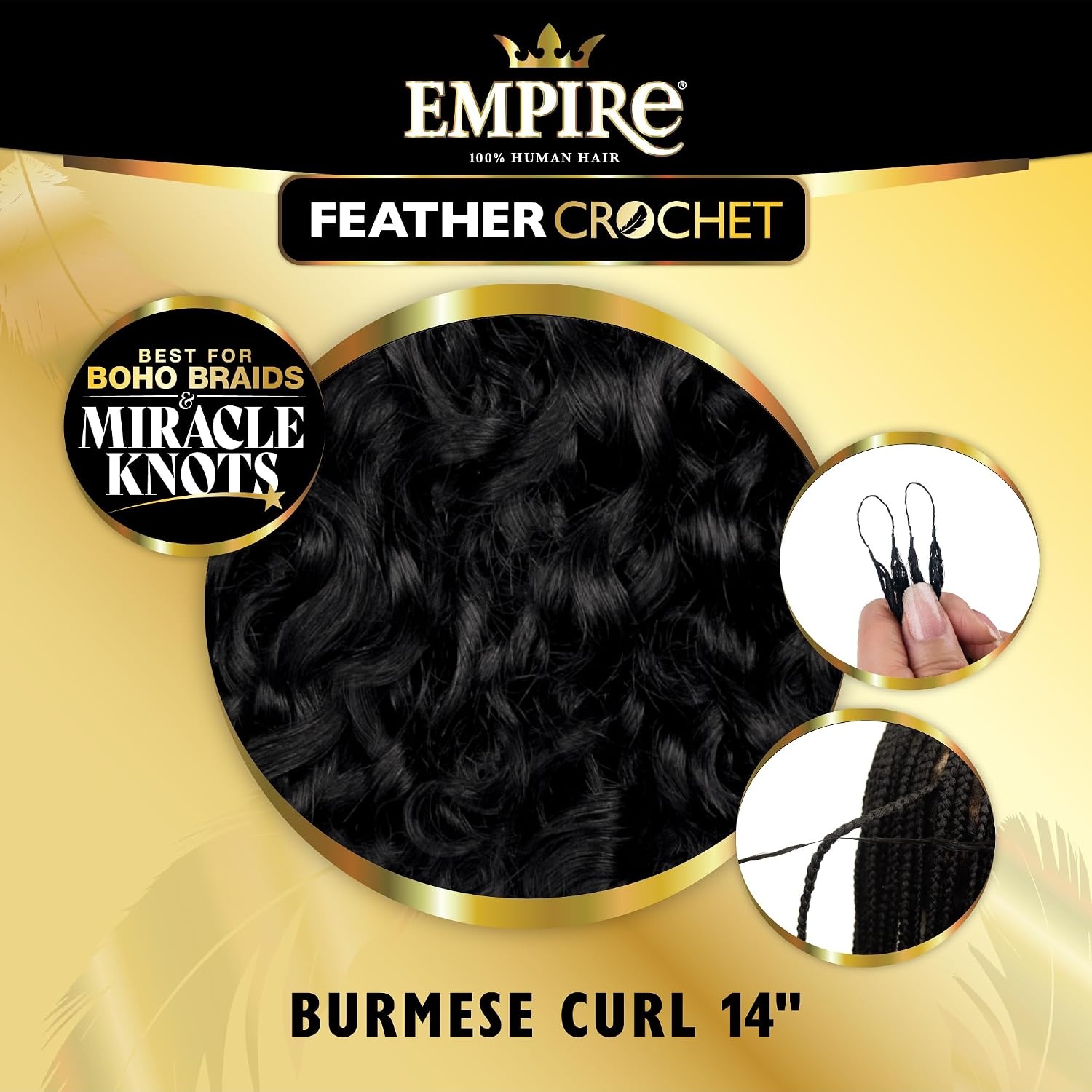 image:imageSensationnel Empire Feather Crochet Braiding Hair Burmese Curl Human Hair for Boho Braids and Miracle Knots Pre Separated 50 strands 14 inch 1 JETBLACK1 JETBLACK