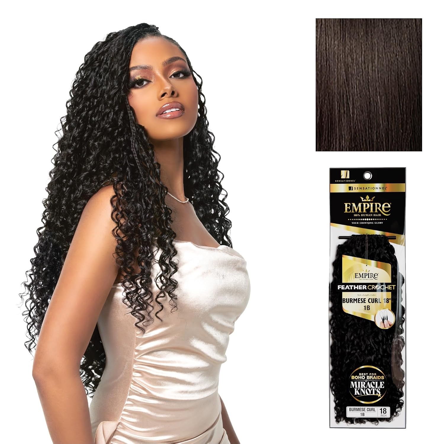 image:imageSensationnel Empire Feather Crochet Braiding Hair Burmese Curl Human Hair for Boho Braids and Miracle Knots Pre Separated 50 strands 14 inch 1 JETBLACK2 DARKBROWN