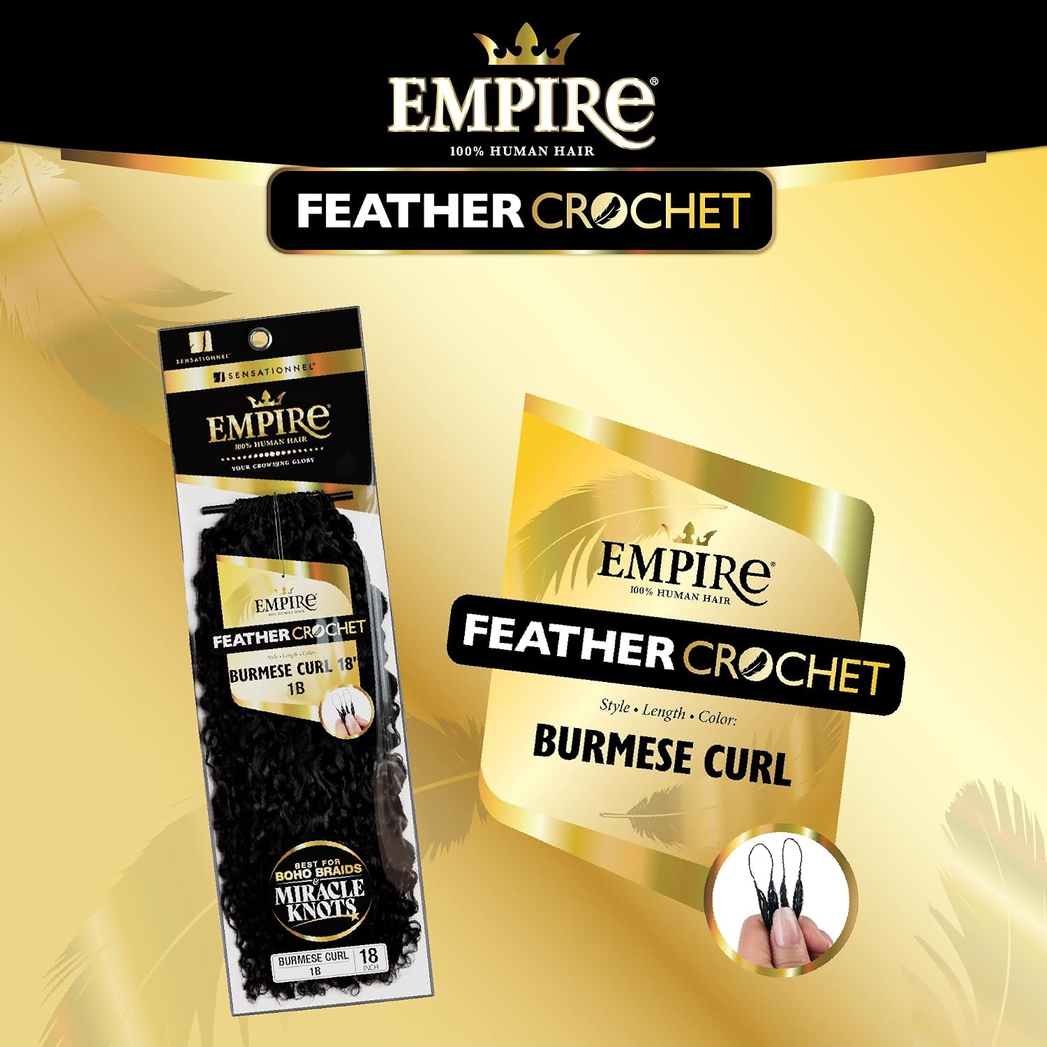 image:imageSensationnel Empire Feather Crochet Braiding Hair Burmese Curl Human Hair for Boho Braids and Miracle Knots Pre Separated 50 strands 14 inch 1 JETBLACK2 DARKBROWN