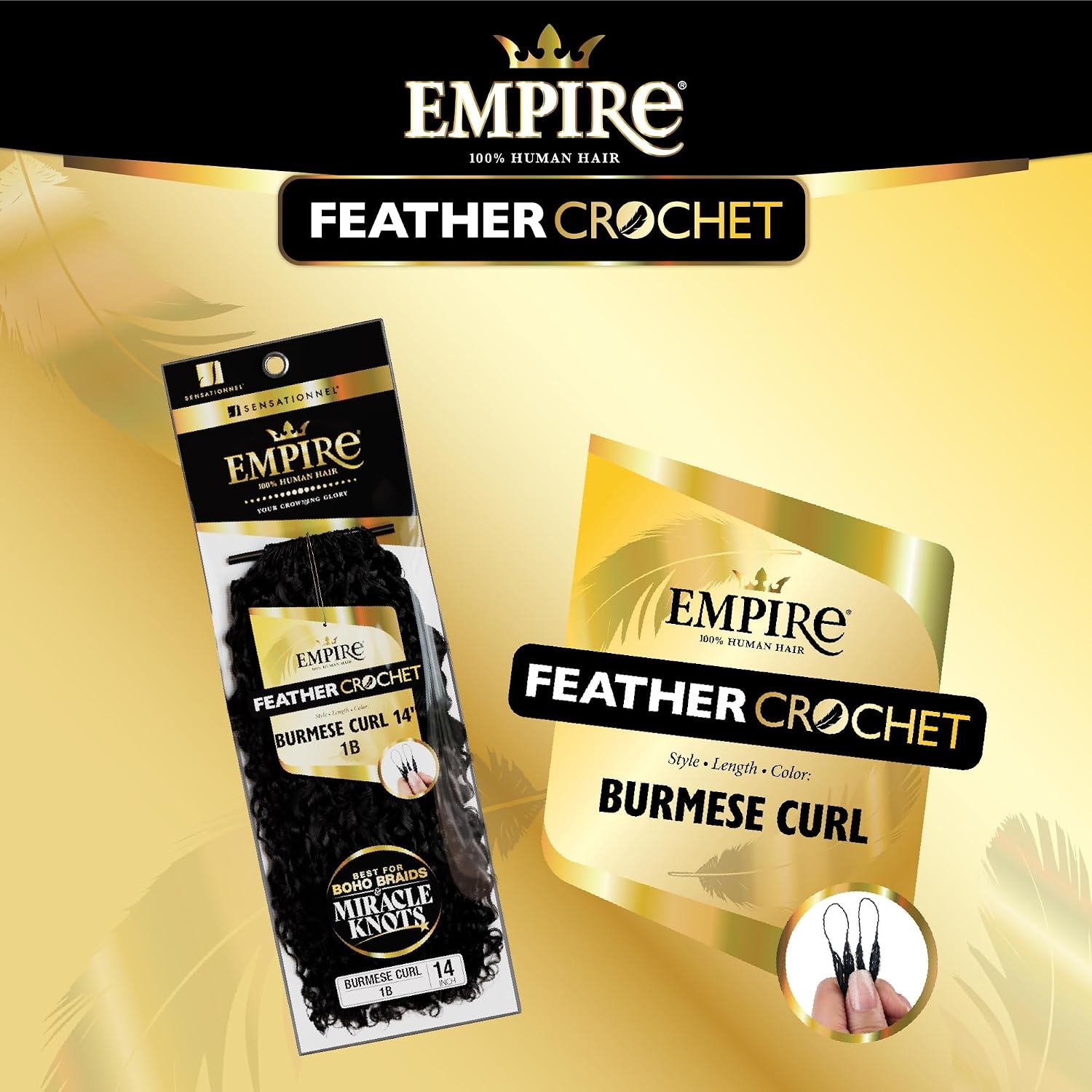 image:imageSensationnel Empire Feather Crochet Braiding Hair Burmese Curl Human Hair for Boho Braids and Miracle Knots Pre Separated 50 strands 14 inch 1 JETBLACK2 DARKBROWN