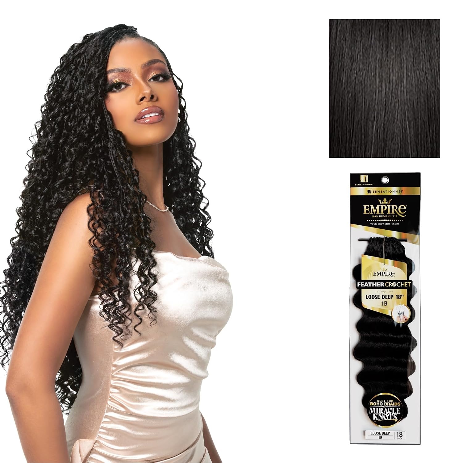 image:imageSensationnel Empire Feather Crochet Braiding Hair Loose Deep Human Hair for Boho Braids and Miracle Knots Pre Separated 50 strands 14 inch 1 JETBLACK1B OFFBLACK